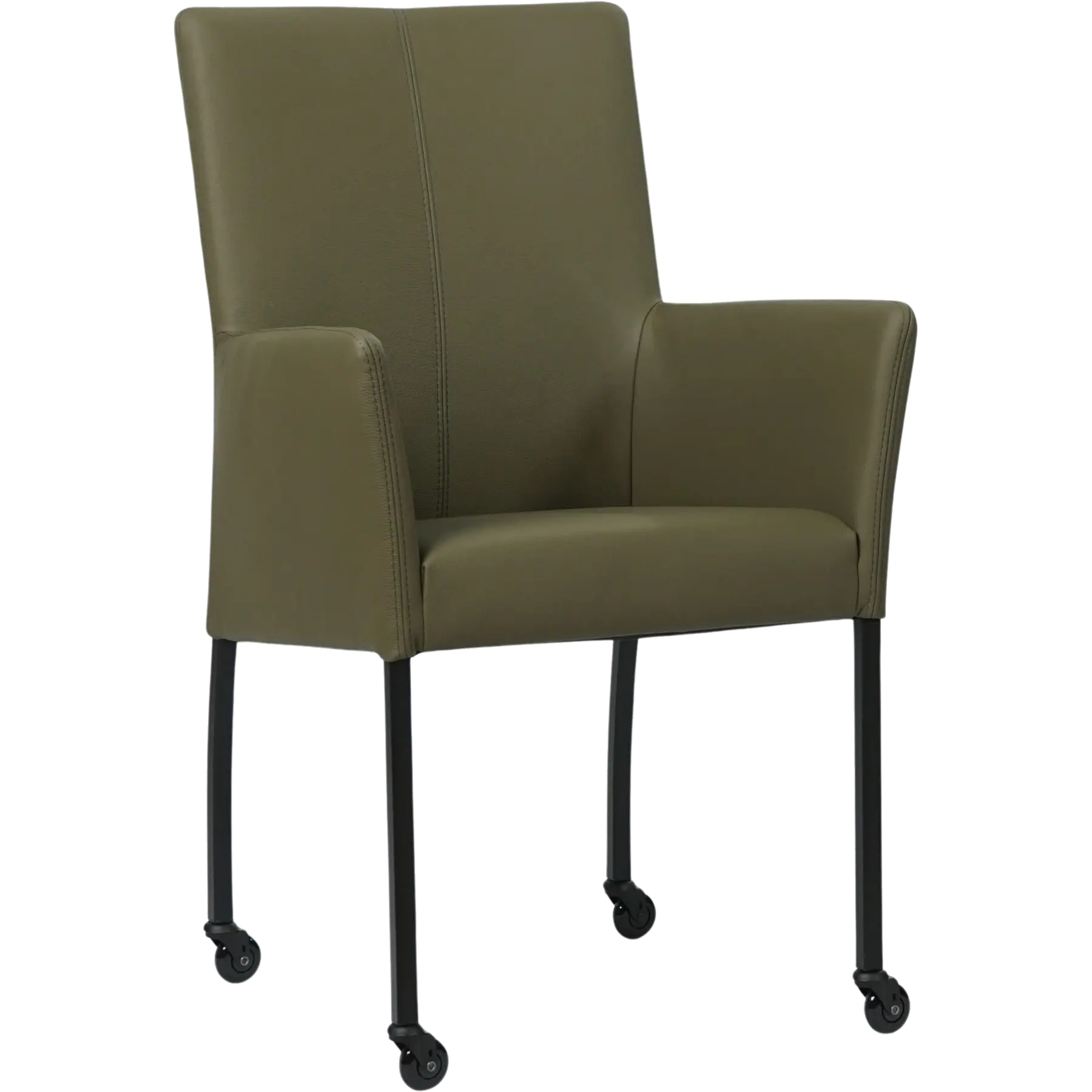 afbeelding van Leren eetkamerstoel Comfort met wieltjes en armleuning - Toledo Olive (olijf/goen) - Poten staal vierkant zwart