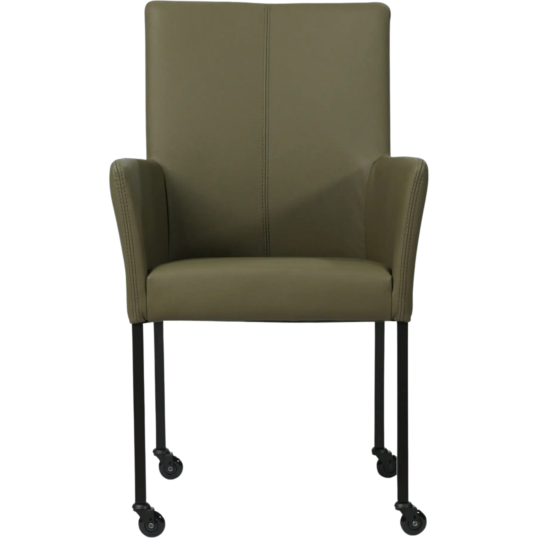 afbeelding van Leren eetkamerstoel Comfort met wieltjes en armleuning - Toledo Olive (olijf/goen) - Poten staal vierkant zwart