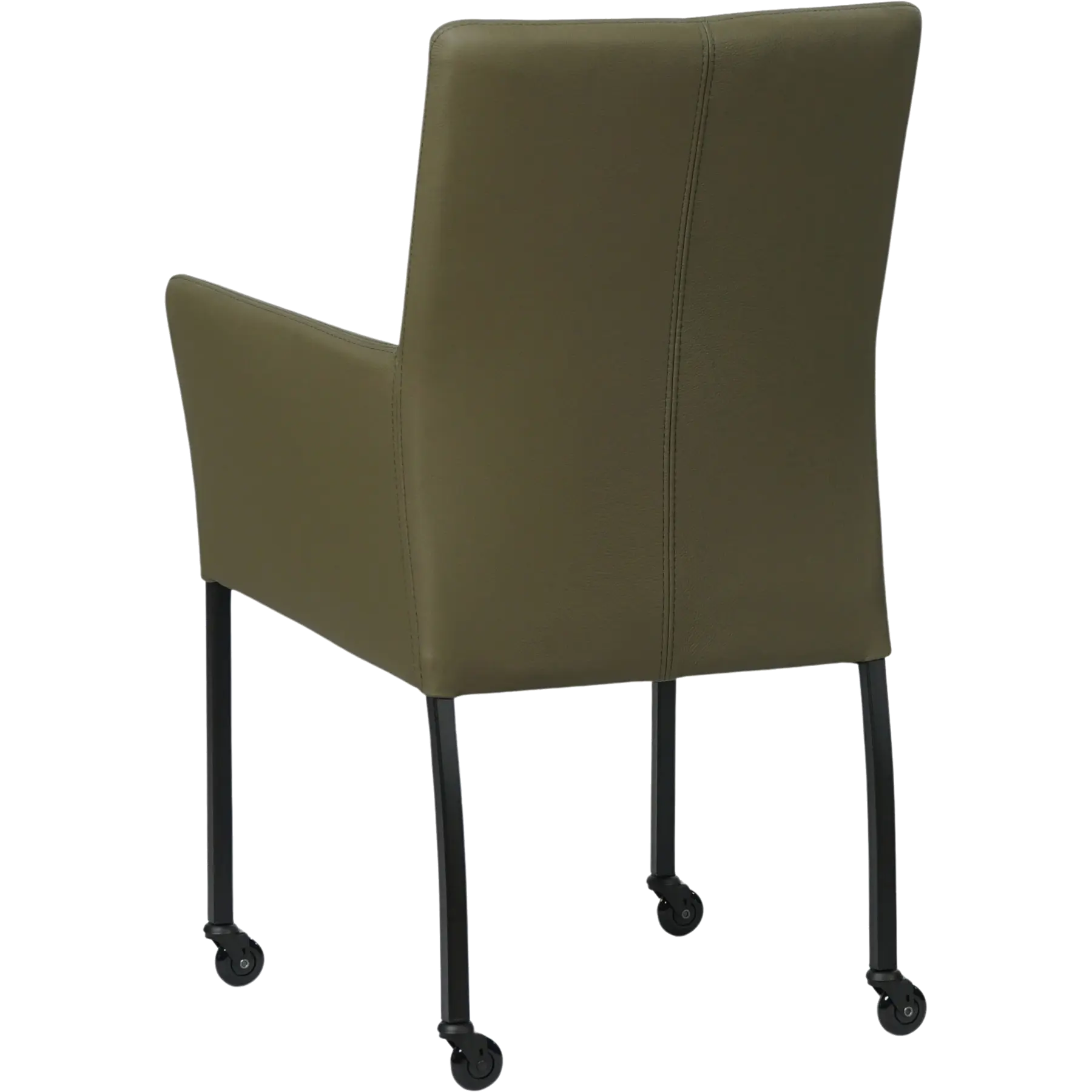 afbeelding van Leren eetkamerstoel Comfort met wieltjes en armleuning - Toledo Olive (olijf/goen) - Poten staal vierkant zwart