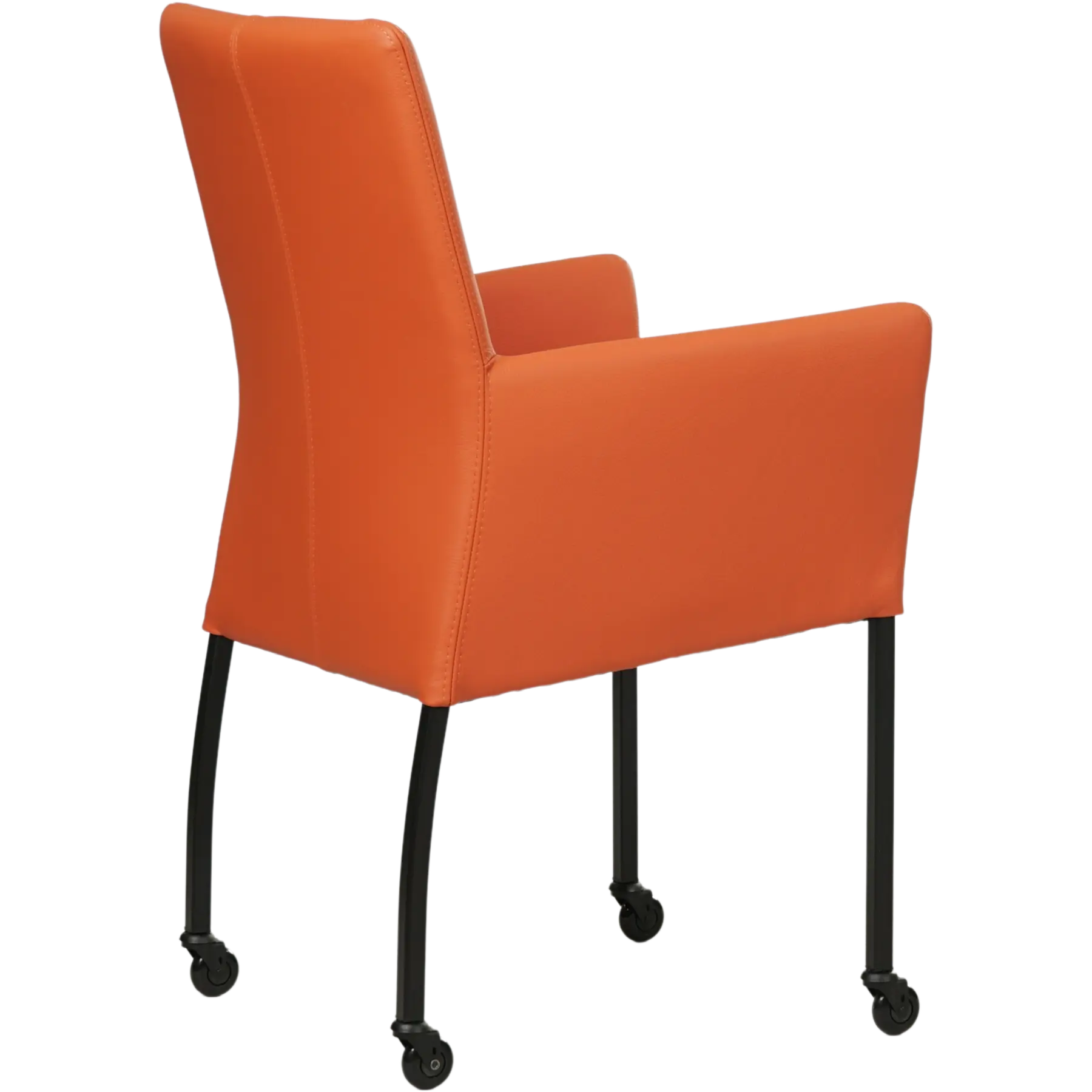 afbeelding van Leren eetkamerstoel Comfort met wieltjes en armleuning - Toledo Orange (oranje) - Poten staal vierkant zwart
