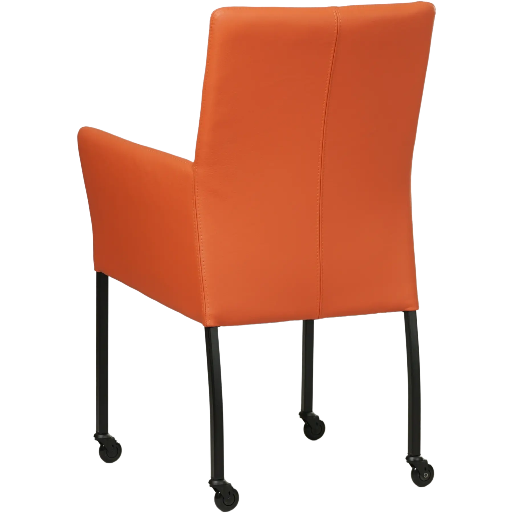 afbeelding van Leren eetkamerstoel Comfort met wieltjes en armleuning - Toledo Orange (oranje) - Poten staal vierkant zwart