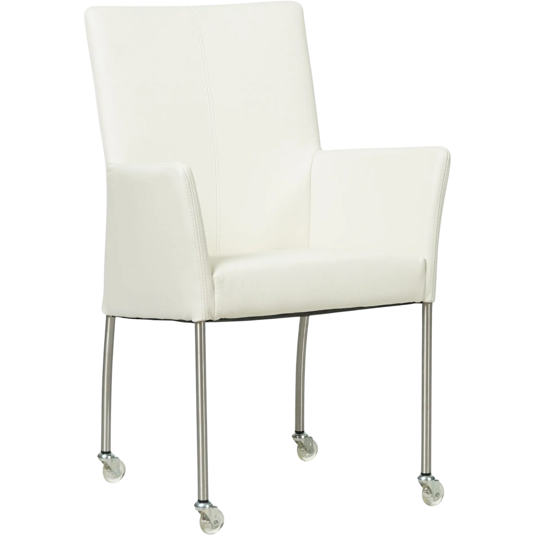 afbeelding van Leren eetkamerstoel Comfort met wieltjes en armleuning - Toledo Purewhite (wit) - Poten staal rond RVS
