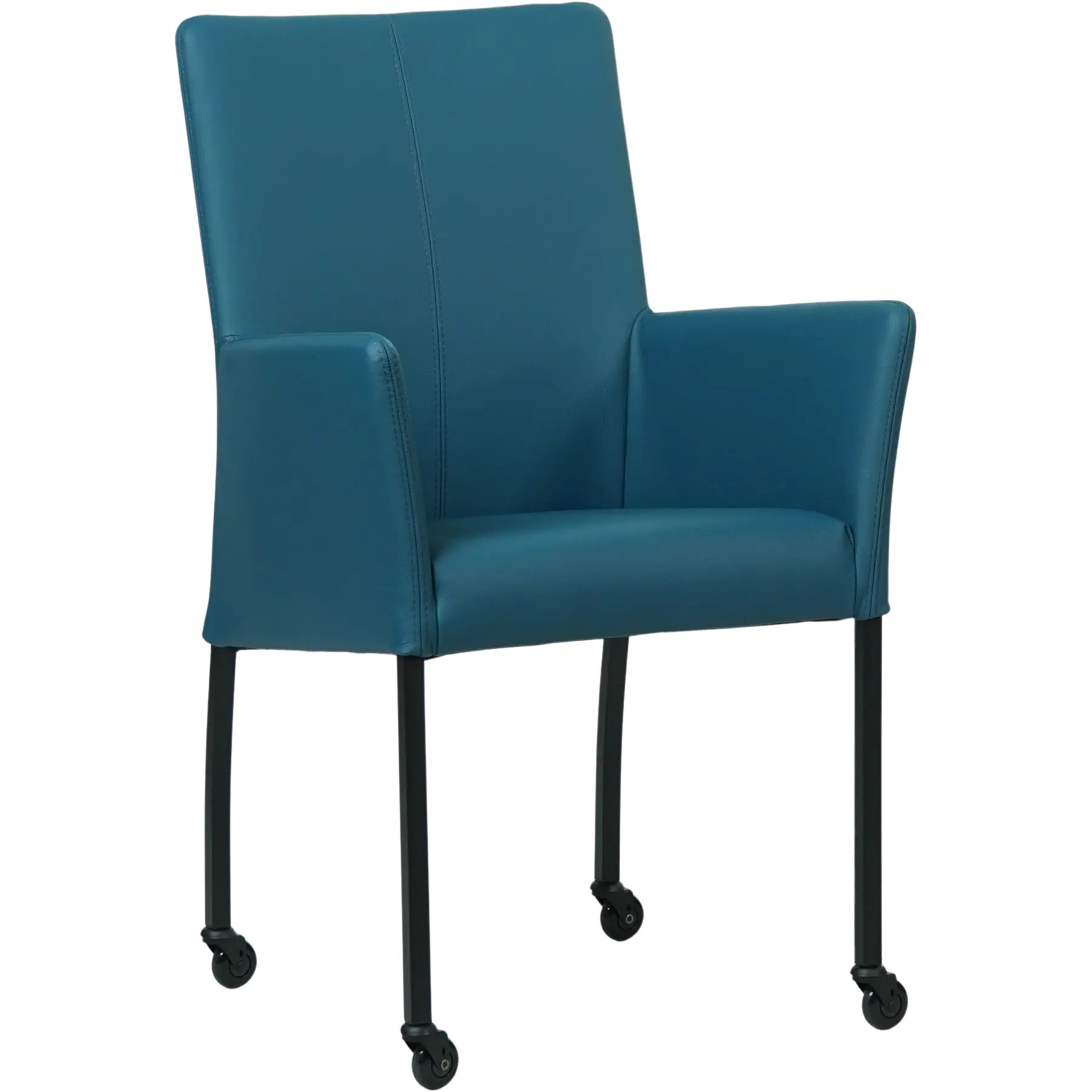 afbeelding van Leren eetkamerstoel Comfort met wieltjes en armleuning - Toledo Turquoise (blauw) - Poten staal rond zwart