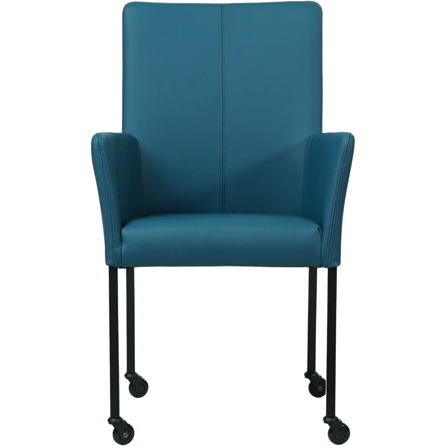 afbeelding van Leren eetkamerstoel Comfort met wieltjes en armleuning - Toledo Turquoise (blauw) - Poten staal rond zwart
