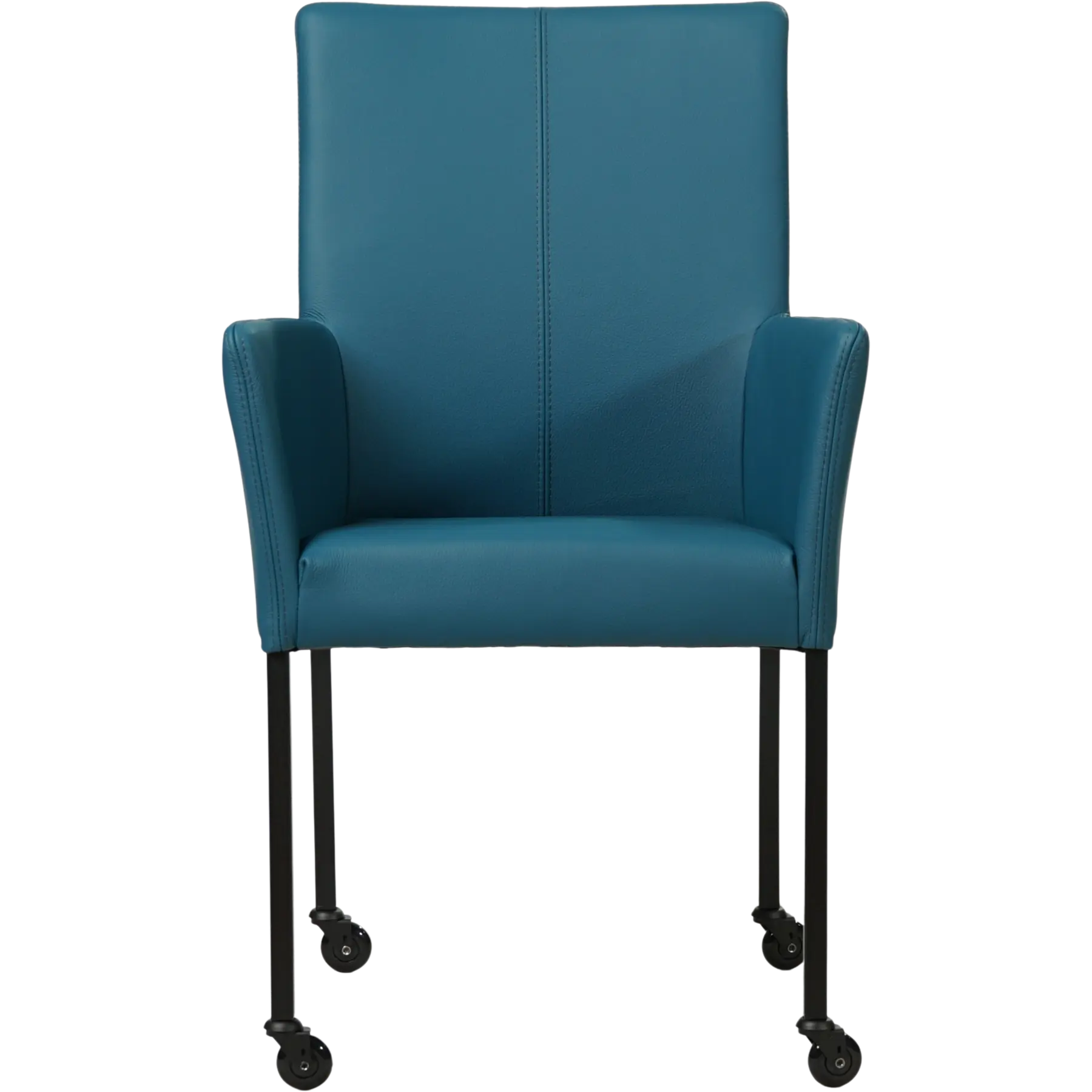 afbeelding van Leren eetkamerstoel Comfort met wieltjes en armleuning - Toledo Turquoise (blauw) - Poten staal vierkant zwart