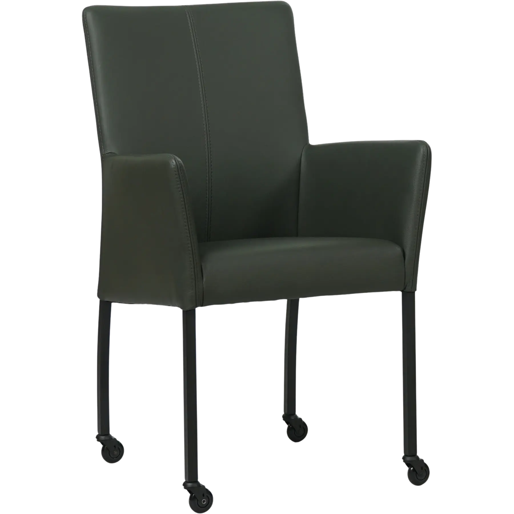 afbeelding van Leren eetkamerstoel Comfort met wieltjes en armleuning - Toledo Verde (donkergroen) - Poten staal vierkant zwart