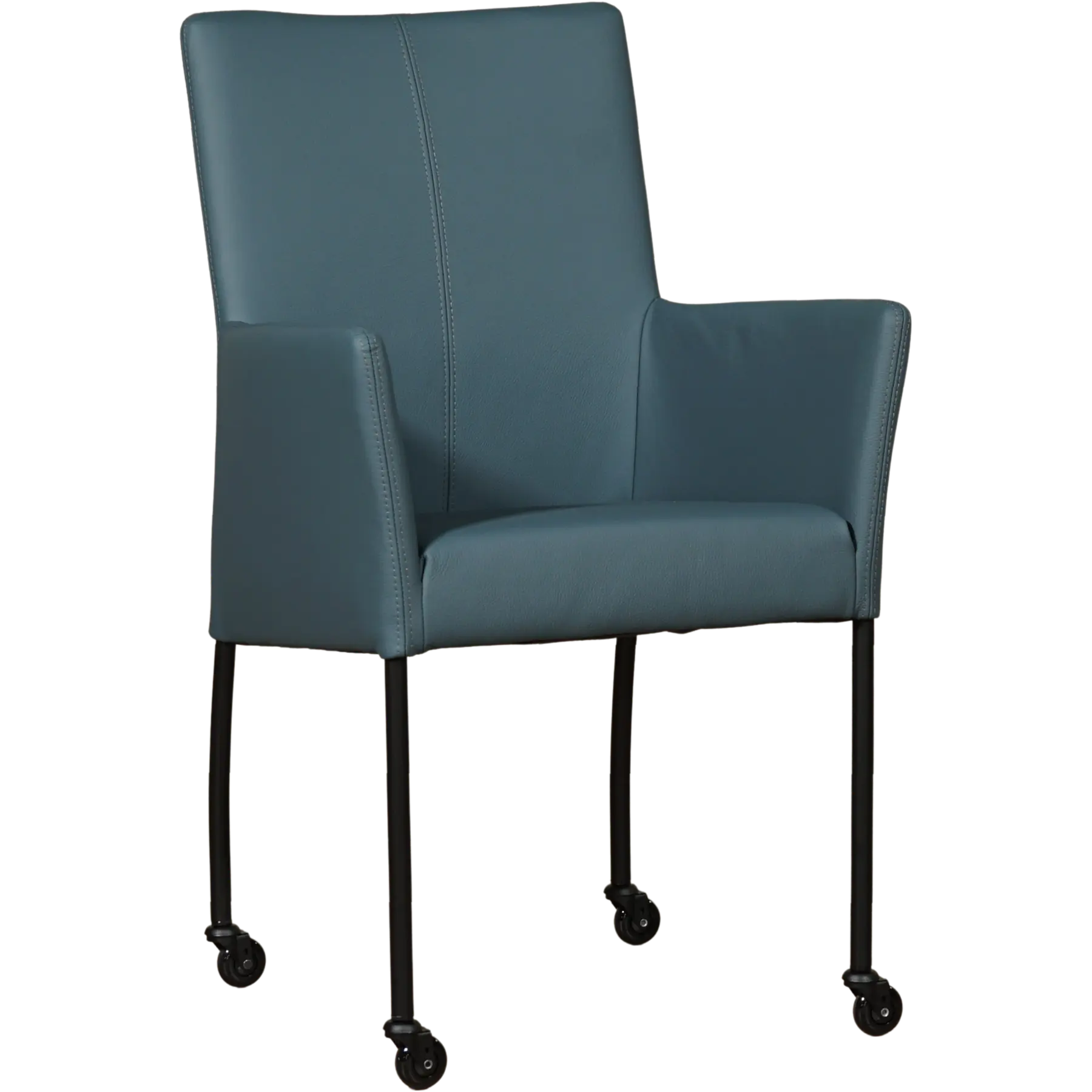 afbeelding van Leren eetkamerstoel Comfort met wieltjes en armleuning - Toledo Whale (blauw/grijs) - Poten staal rond zwart