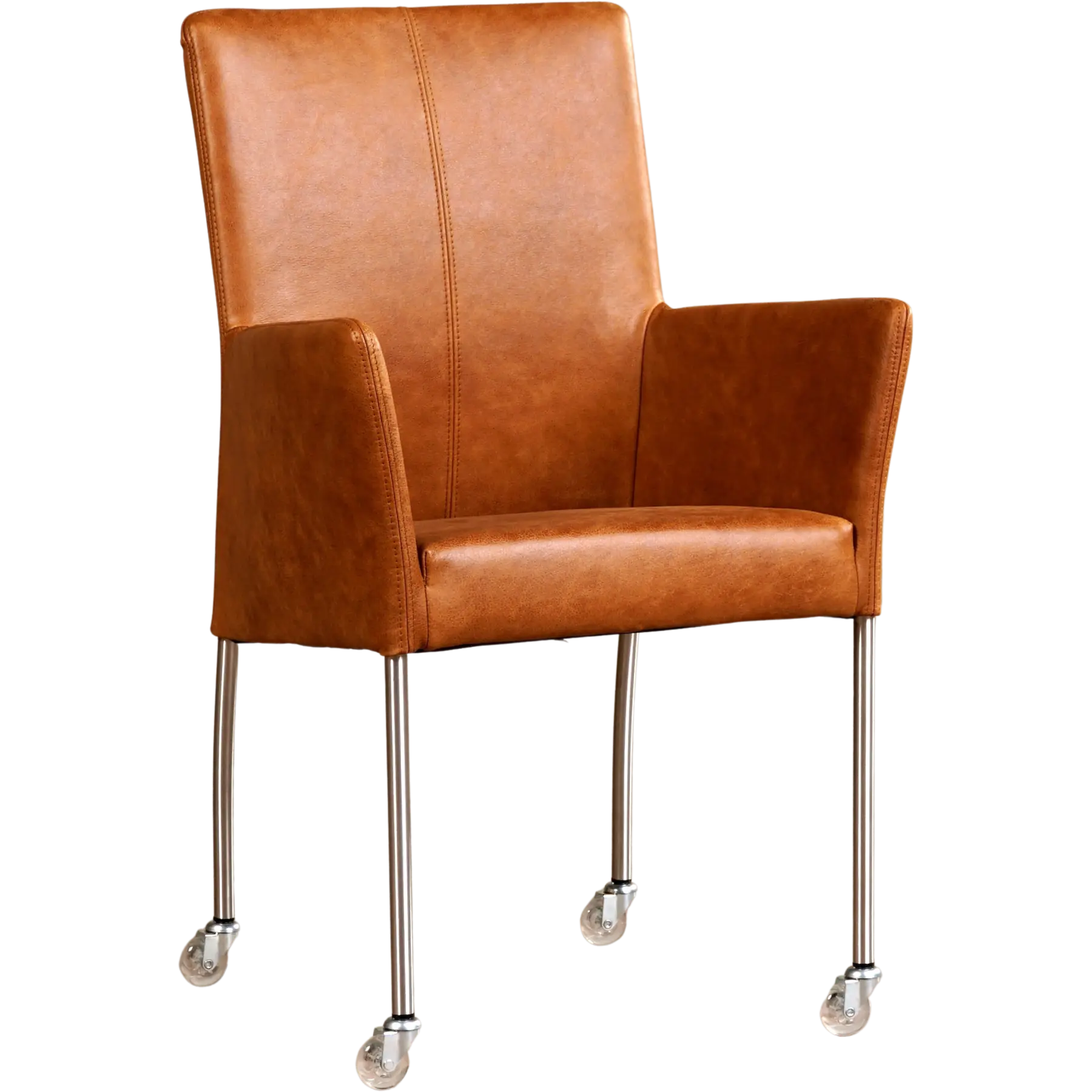 afbeelding van Leren eetkamerstoel Comfort met wieltjes en armleuning - Vintage Cognac (cognac) - Poten staal rond RVS