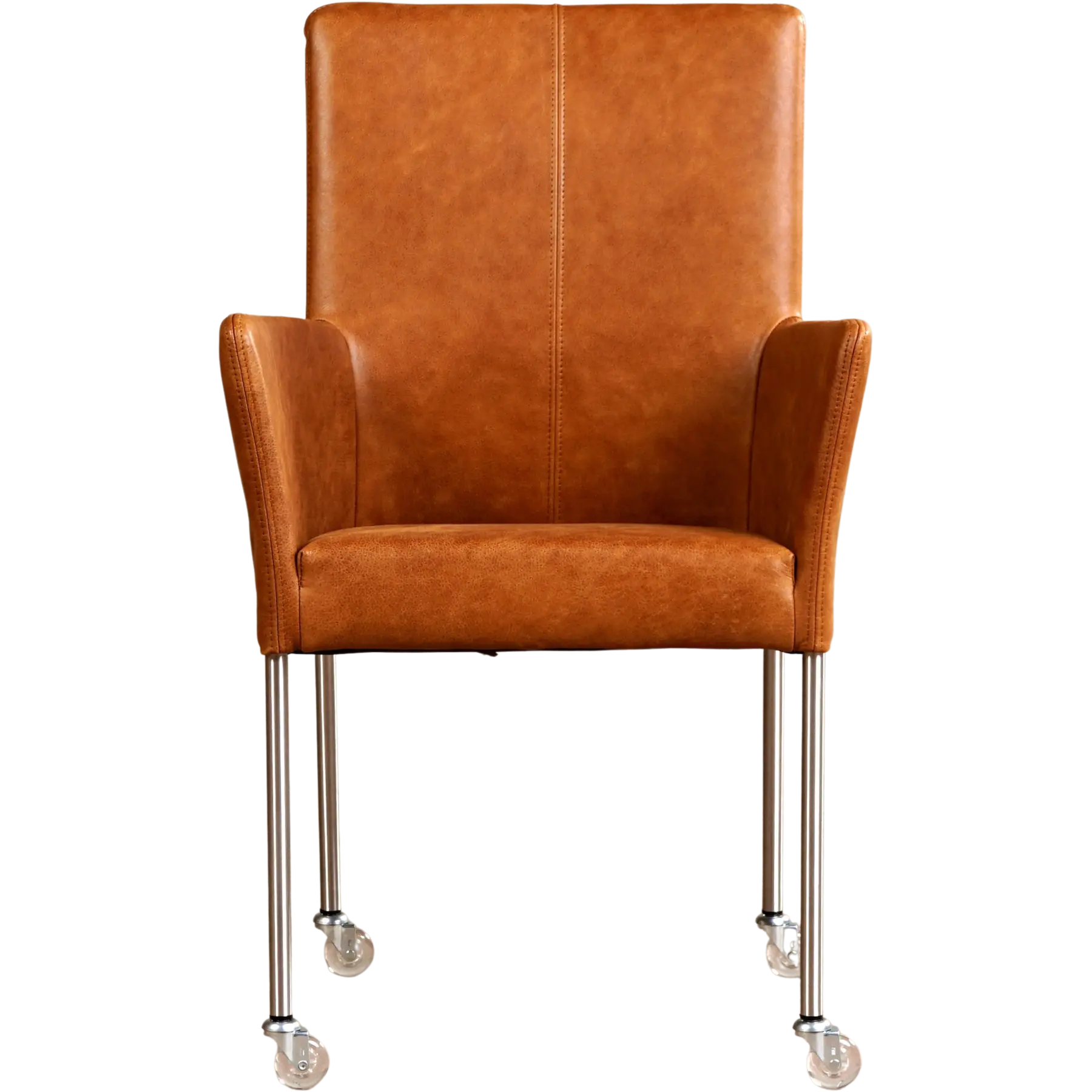 afbeelding van Leren eetkamerstoel Comfort met wieltjes en armleuning - Vintage Cognac (cognac) - Poten staal rond RVS