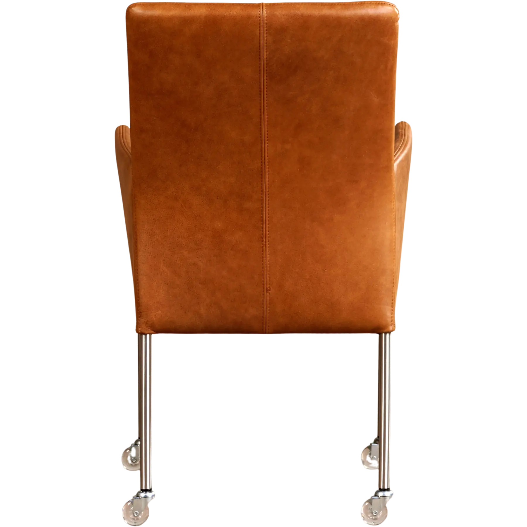 afbeelding van Leren eetkamerstoel Comfort met wieltjes en armleuning - Vintage Cognac (cognac) - Poten staal rond RVS