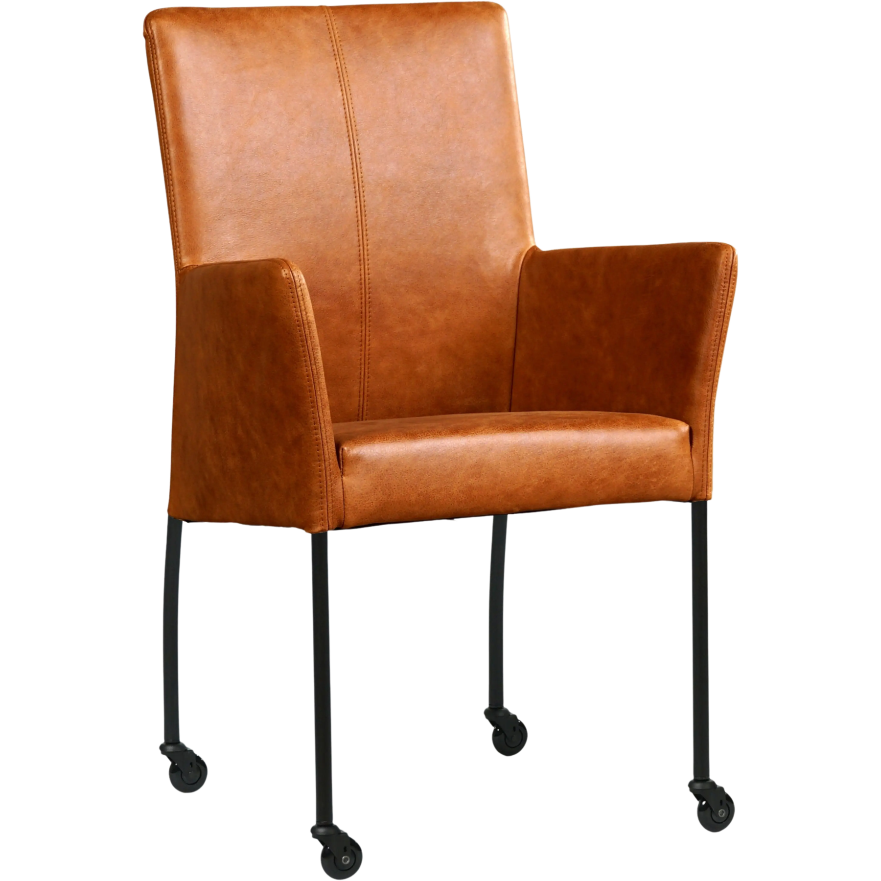 afbeelding van Leren eetkamerstoel Comfort met wieltjes en armleuning - Vintage Cognac (cognac) - Poten staal rond zwart