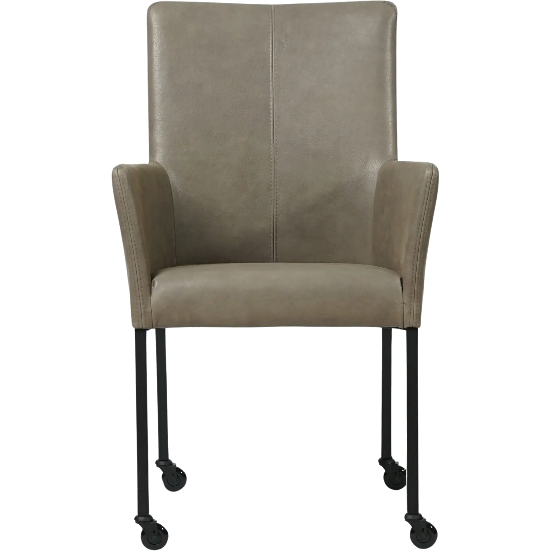 afbeelding van Leren eetkamerstoel Comfort met wieltjes en armleuning - Vintage Stone (grijs) - Poten staal rond zwart