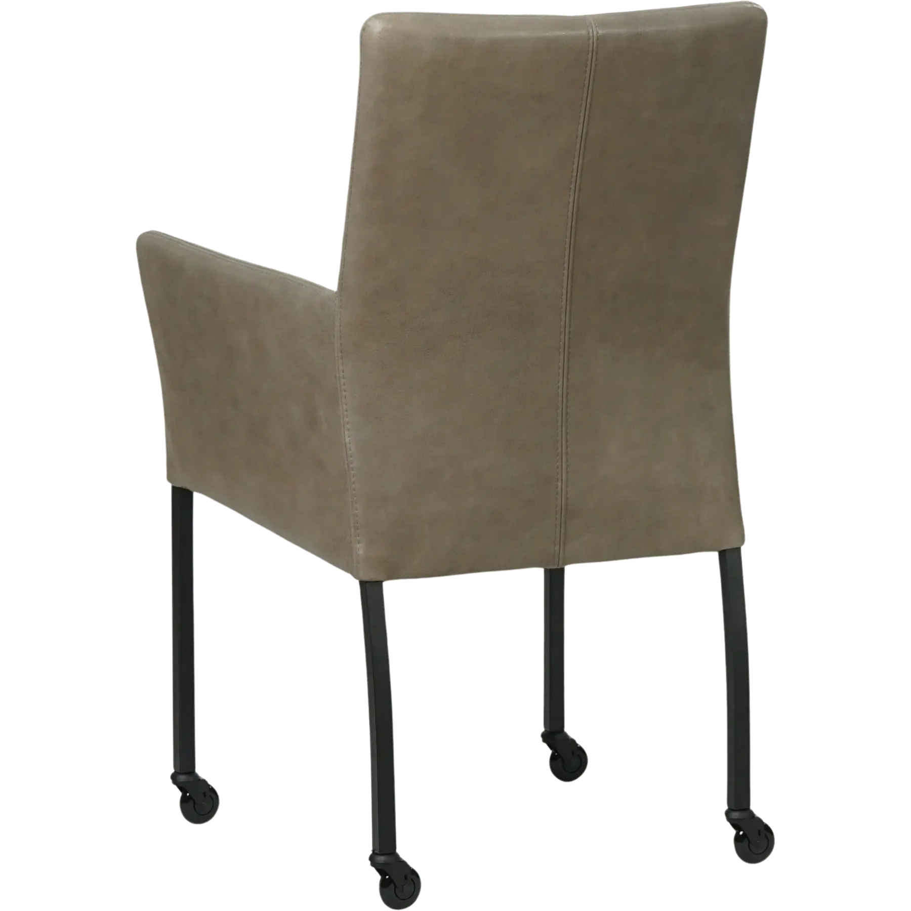 afbeelding van Leren eetkamerstoel Comfort met wieltjes en armleuning - Vintage Stone (grijs) - Poten staal rond zwart