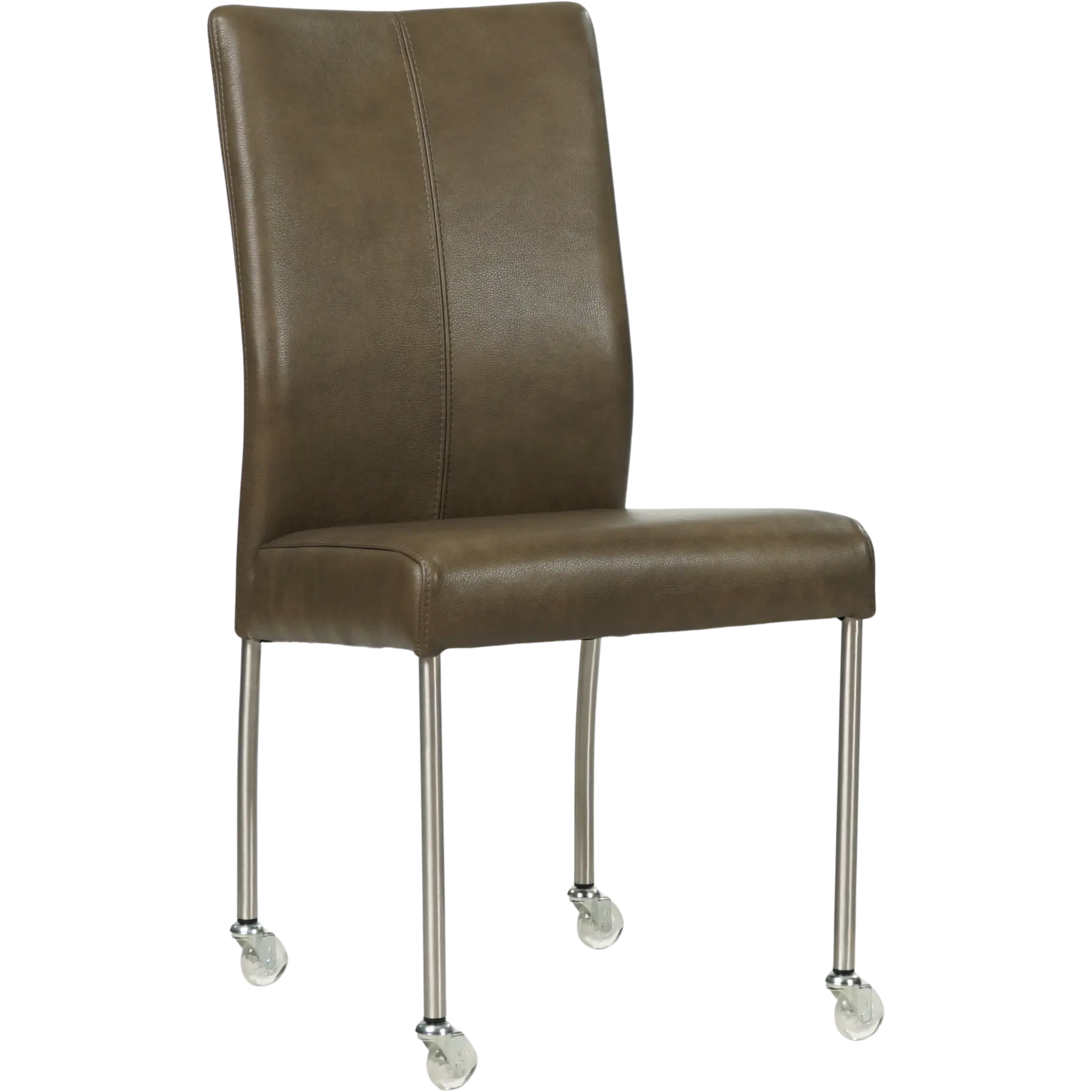 afbeelding van Leren eetkamerstoel Comfort met wieltjes - Granada Ash (grijs/bruin) - Poten staal rond RVS