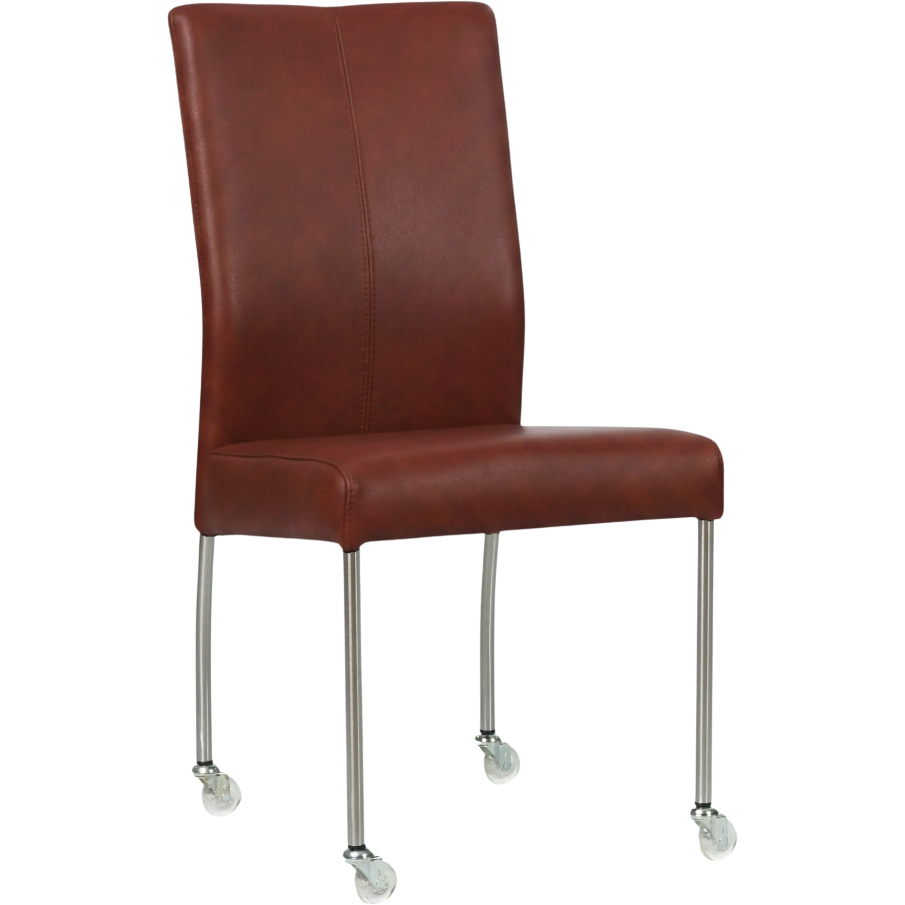 afbeelding van Leren eetkamerstoel Comfort met wieltjes - Granada Rouge (rood) - Poten staal rond RVS
