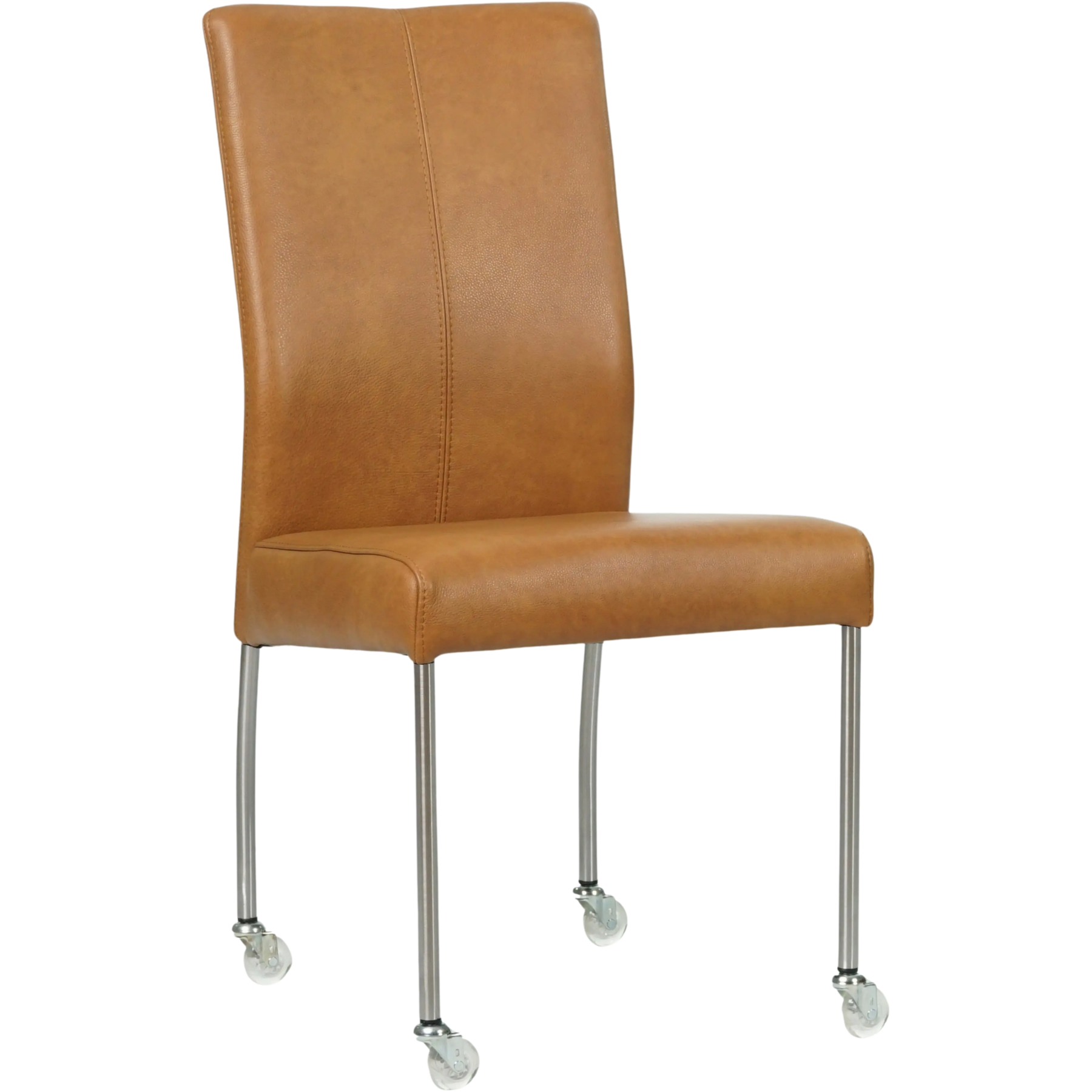 afbeelding van Leren eetkamerstoel Comfort met wieltjes - Granada Sahara (cognac) - Poten staal rond RVS