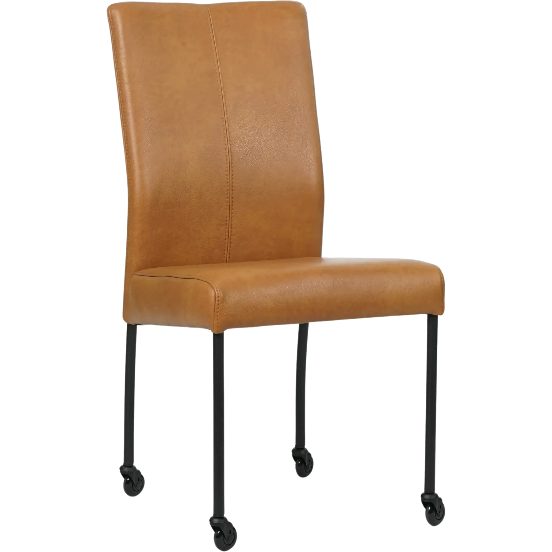 afbeelding van Leren eetkamerstoel Comfort met wieltjes - Granada Sahara (cognac) - Poten staal rond zwart