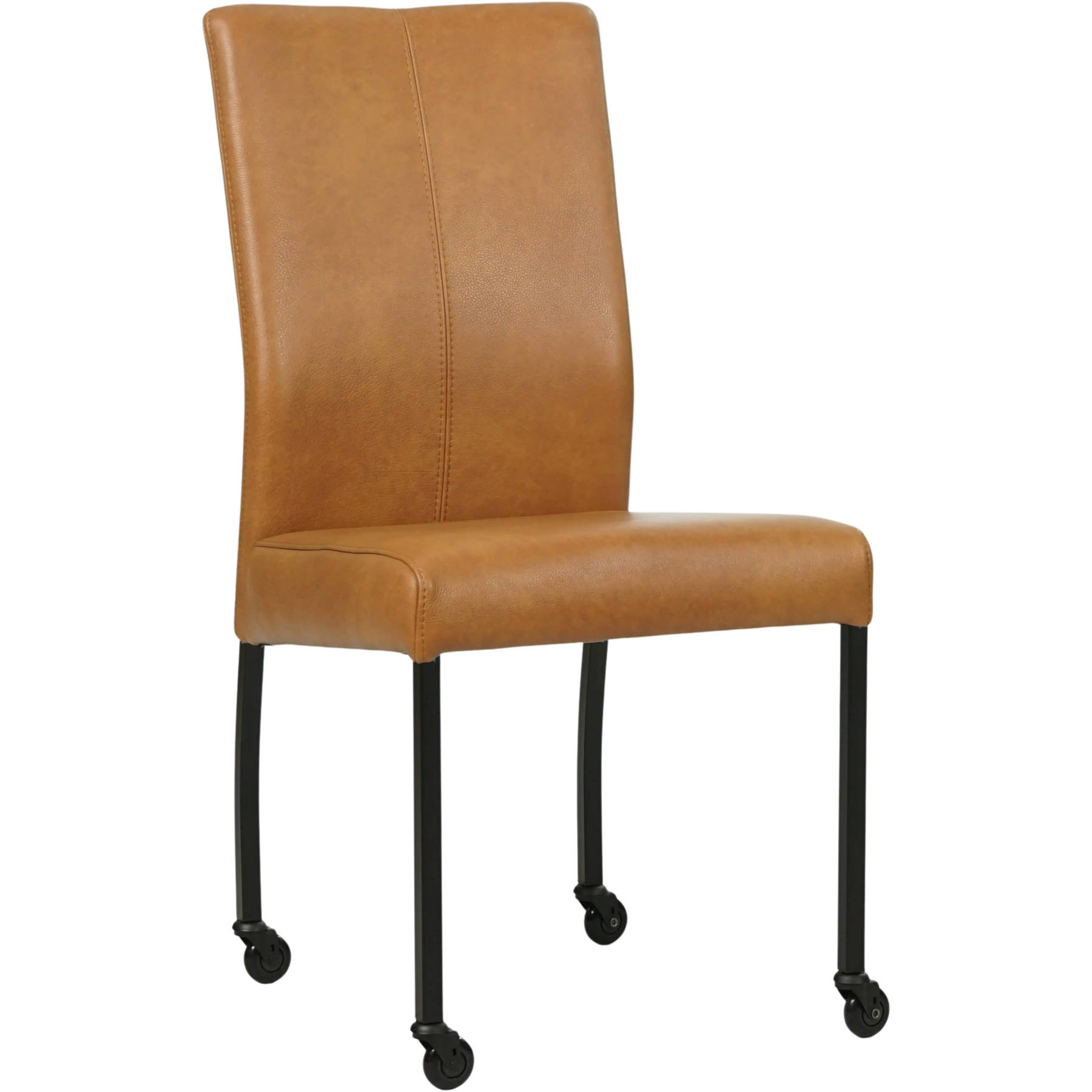 afbeelding van Leren eetkamerstoel Comfort met wieltjes - Granada Sahara (cognac) - Poten staal vierkant zwart