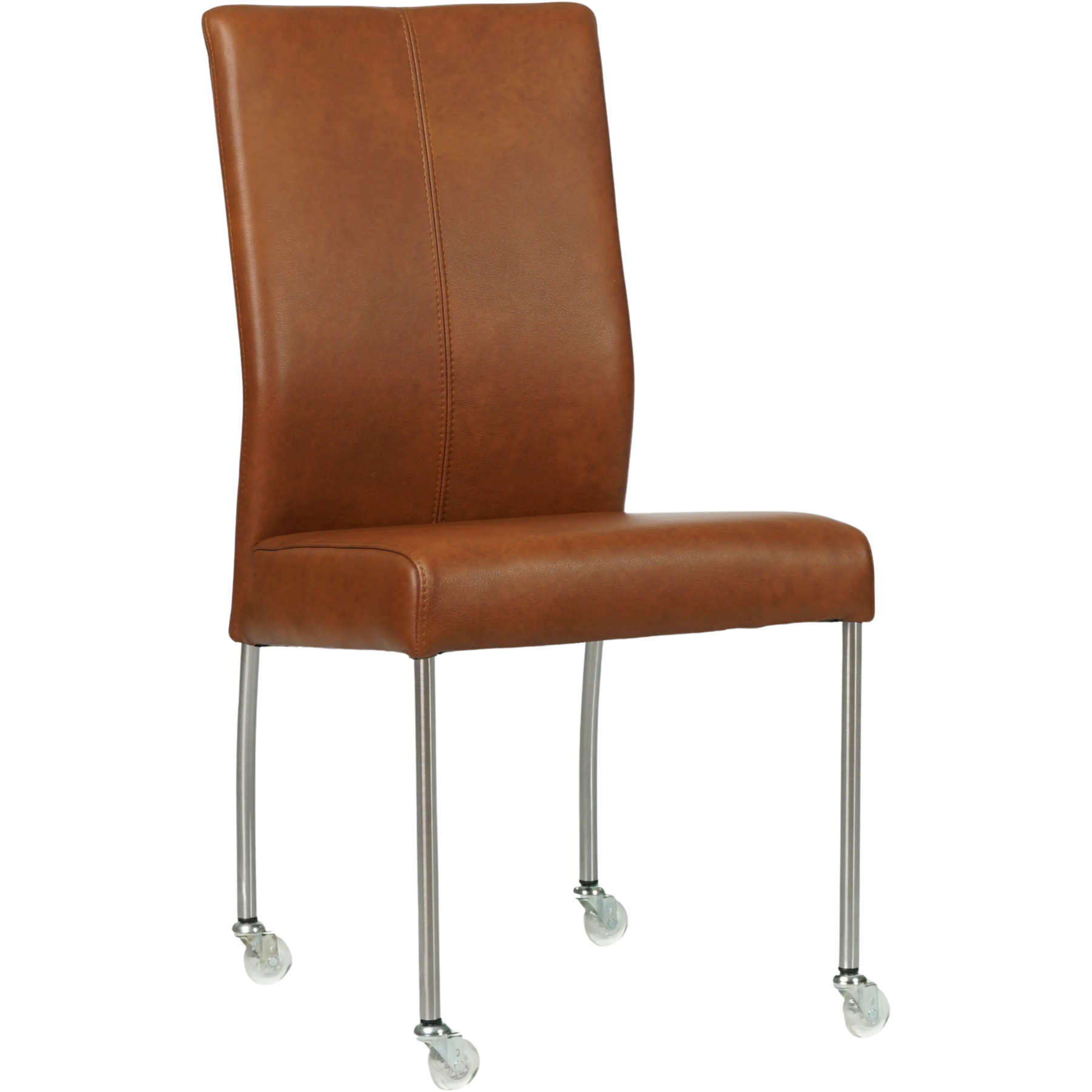 afbeelding van Leren eetkamerstoel Comfort met wieltjes - Granada Savannah (cognac) - Poten staal rond RVS