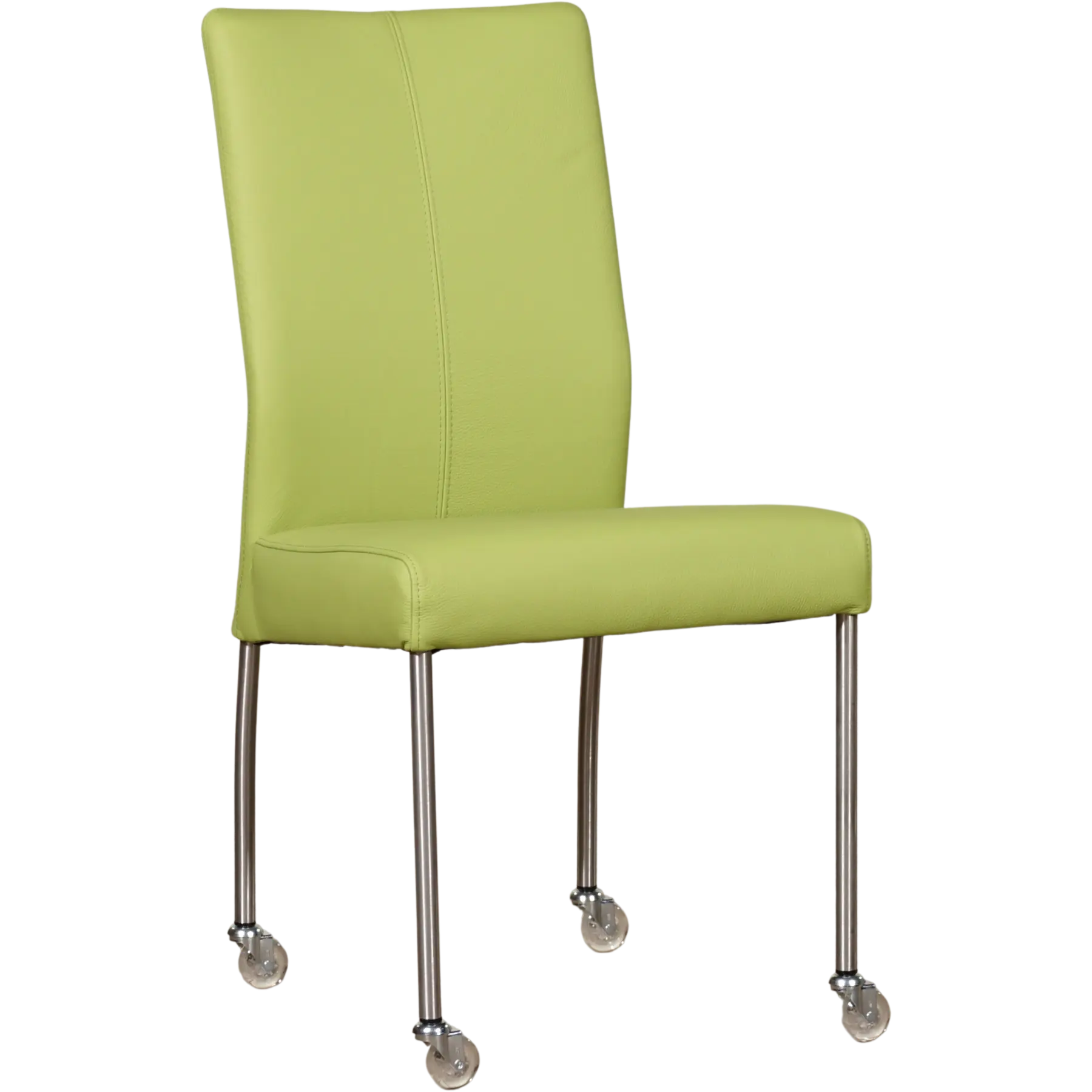 afbeelding van Leren eetkamerstoel Comfort met wieltjes - Hermes Lime (felgroen) - Poten staal rond RVS