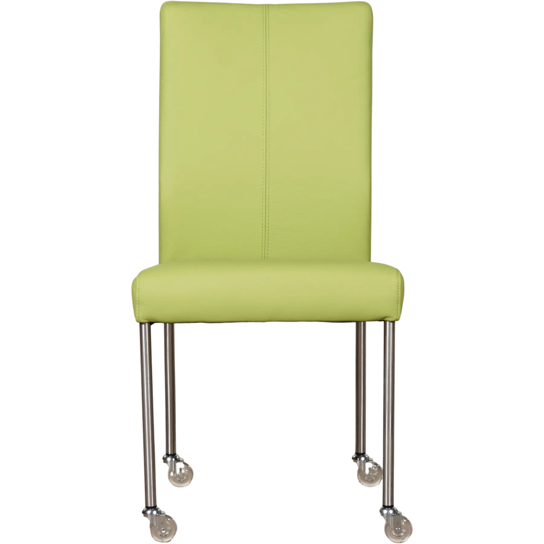 afbeelding van Leren eetkamerstoel Comfort met wieltjes - Hermes Lime (felgroen) - Poten staal rond RVS