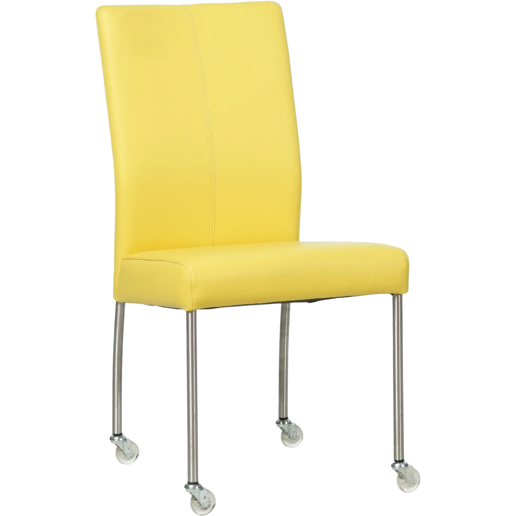 afbeelding van Leren eetkamerstoel Comfort met wieltjes - Hermes Yellow (felgeel) - Poten staal rond RVS