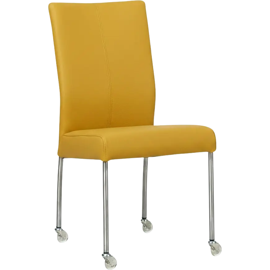 afbeelding van Leren eetkamerstoel Comfort met wieltjes - Toledo Giallo (geel) - Poten staal rond RVS