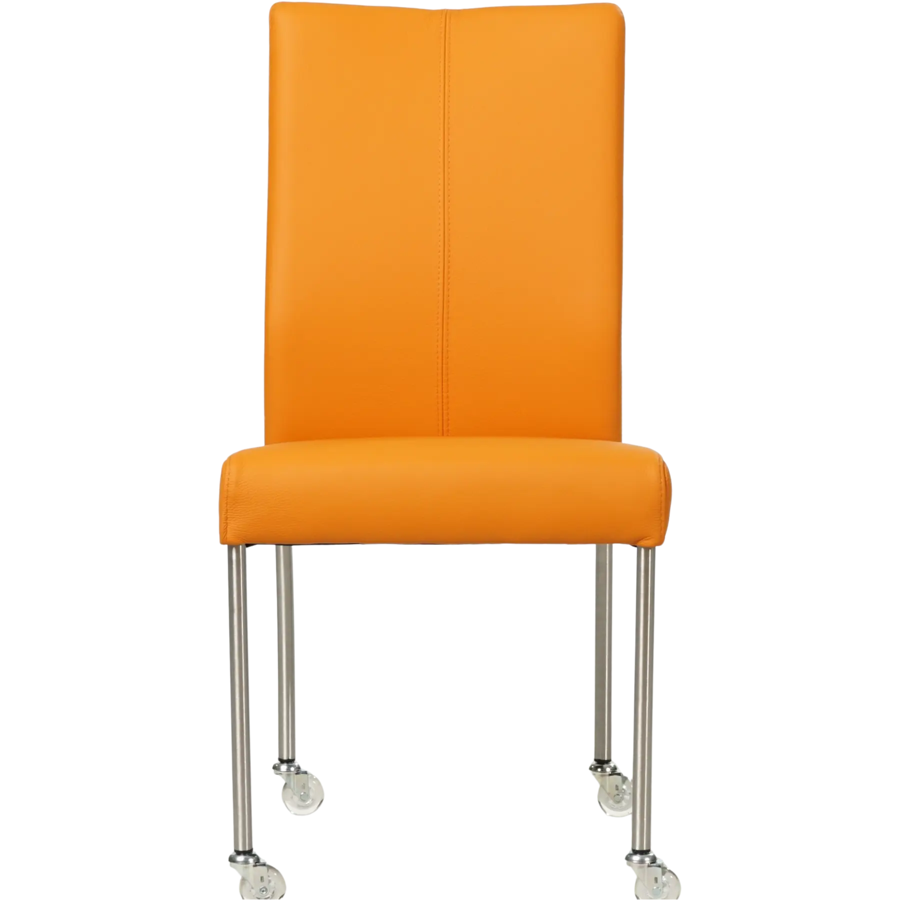 afbeelding van Leren eetkamerstoel Comfort met wieltjes - Toledo Mandarin (oranje) - Poten staal rond RVS