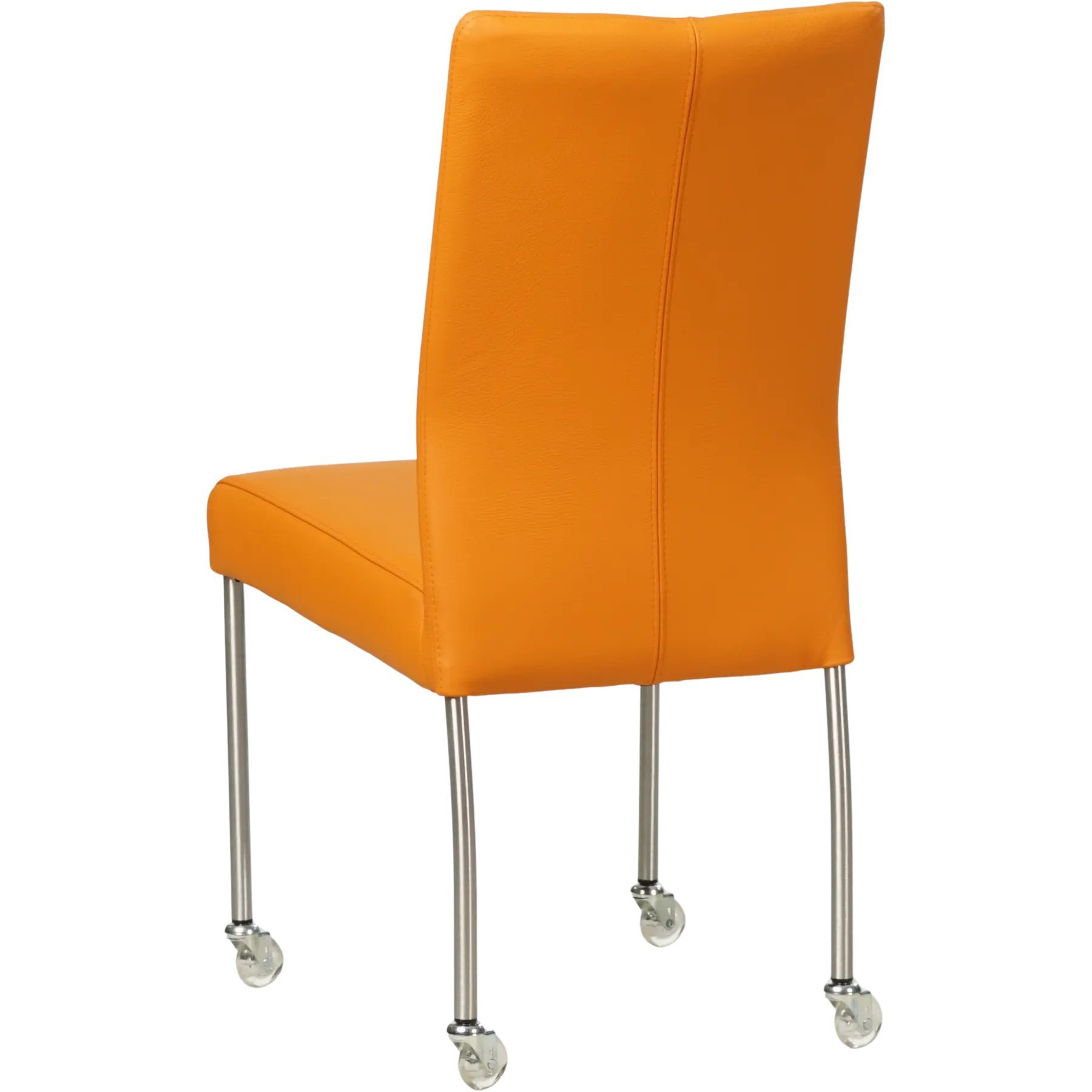 afbeelding van Leren eetkamerstoel Comfort met wieltjes - Toledo Mandarin (oranje) - Poten staal rond RVS
