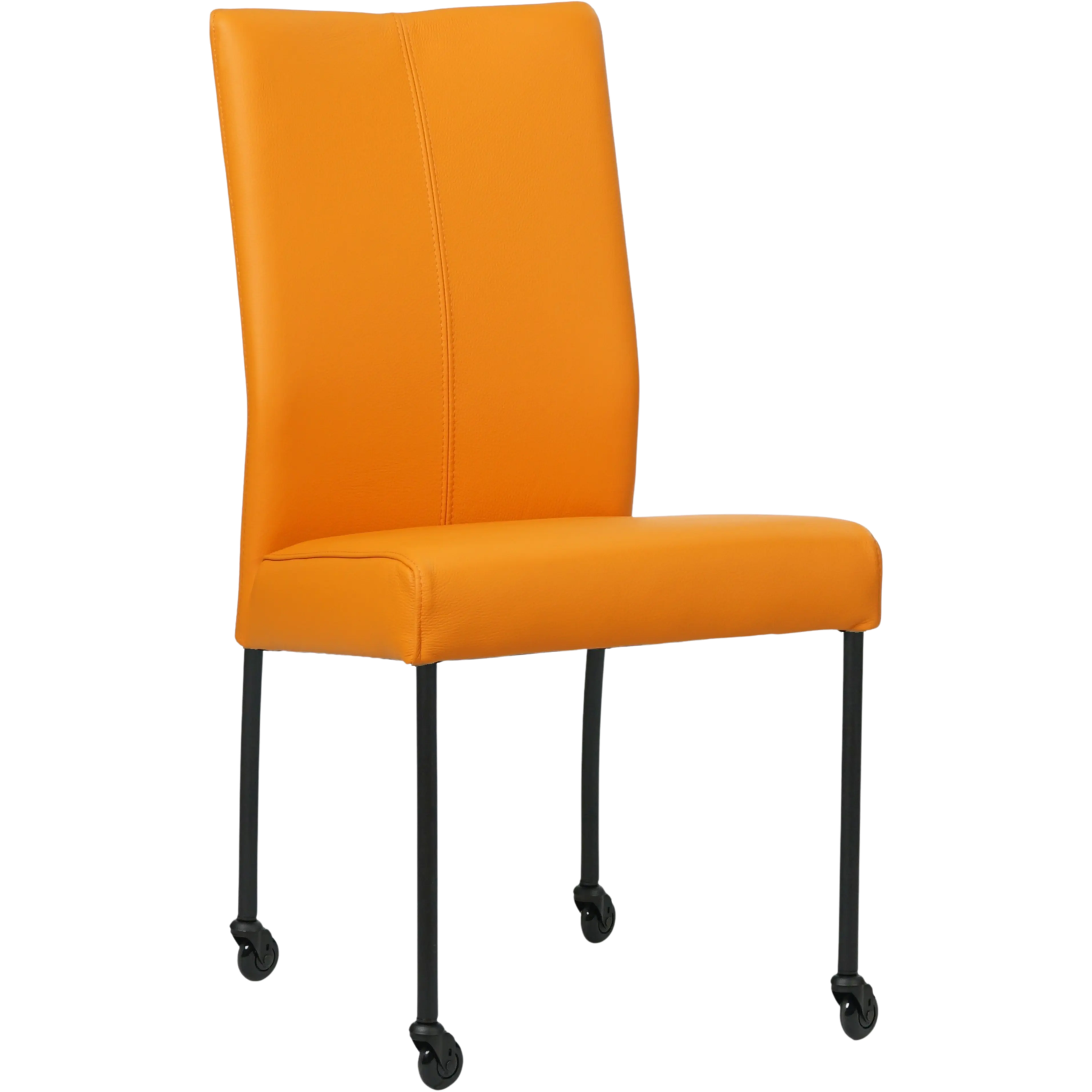 afbeelding van Leren eetkamerstoel Comfort met wieltjes - Toledo Mandarin (oranje) - Poten staal rond zwart