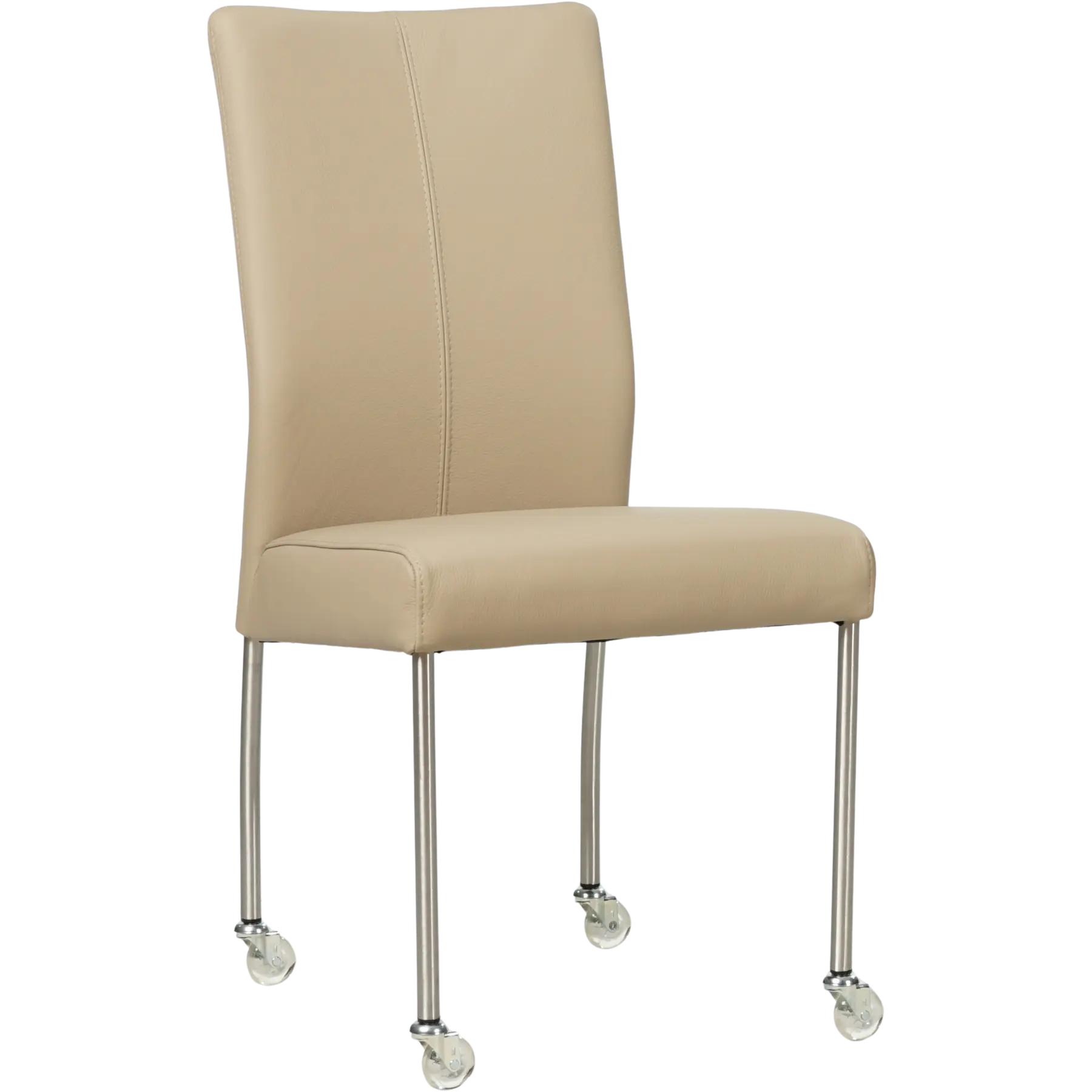 afbeelding van Leren eetkamerstoel Comfort met wieltjes - Toledo Mastic (taupe/bruin) - Poten staal rond RVS