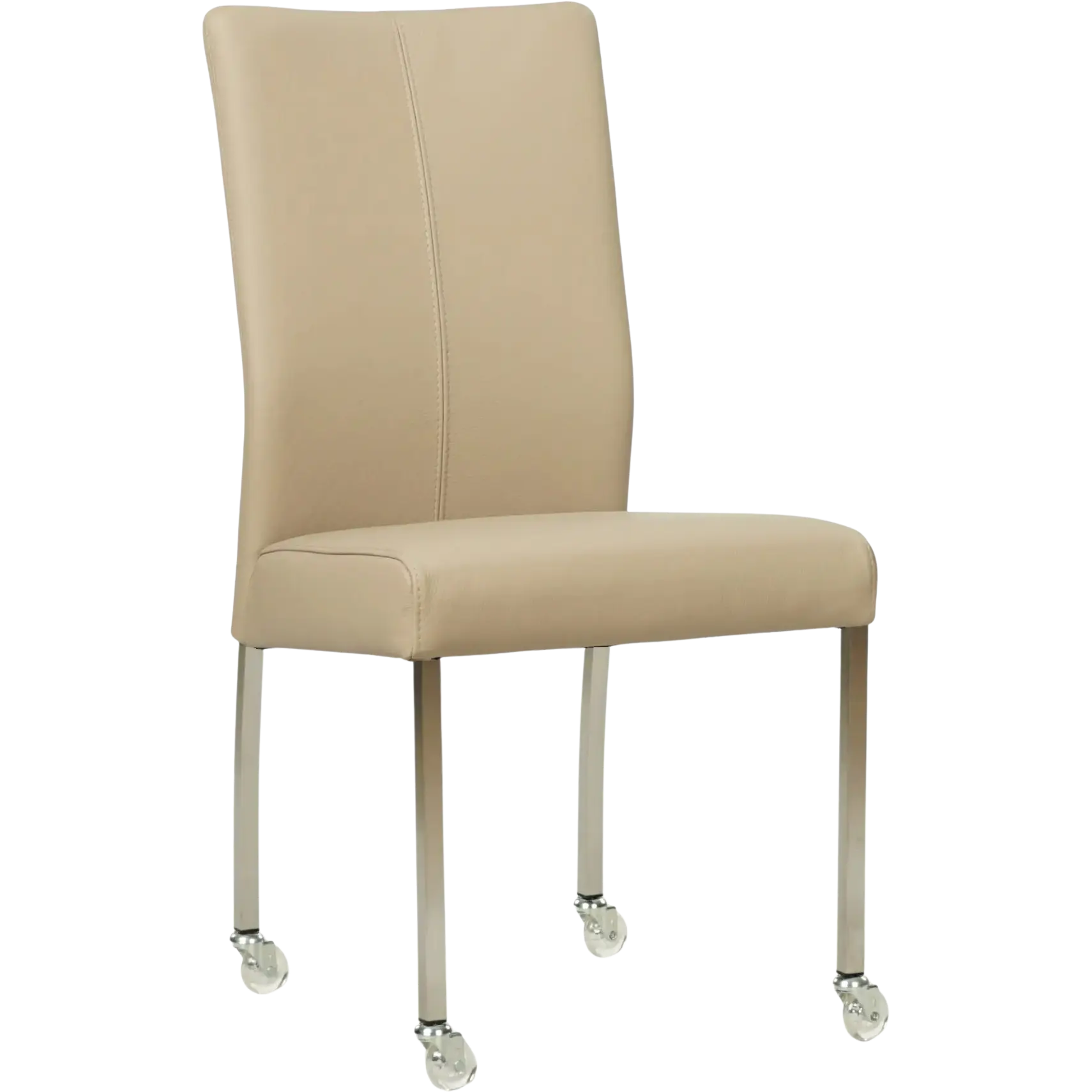 afbeelding van Leren eetkamerstoel Comfort met wieltjes - Toledo Mastic (taupe/bruin) - Poten staal vierkant RVS