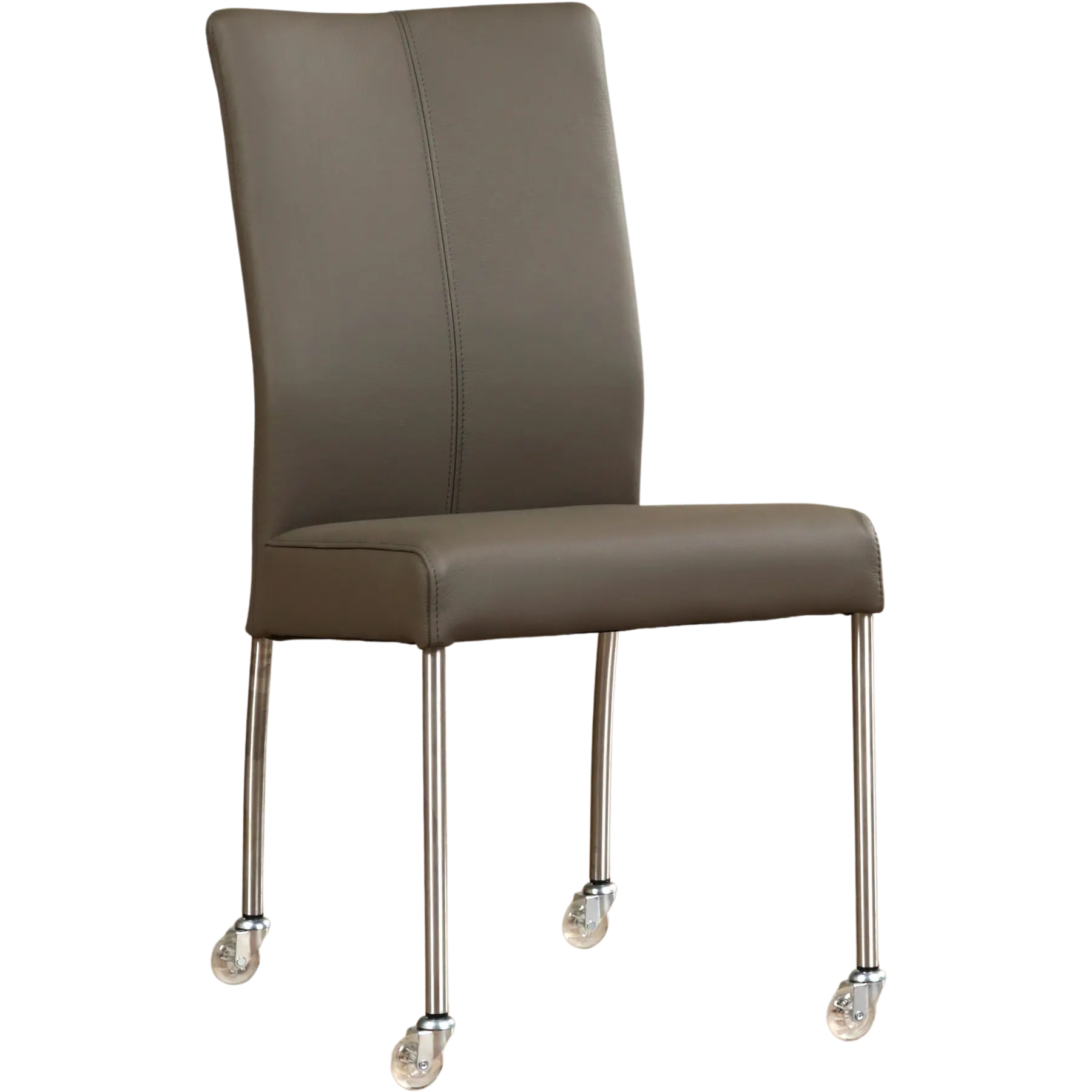 afbeelding van Leren eetkamerstoel Comfort met wieltjes - Toledo Moss (bruin/groen) - Poten staal rond RVS