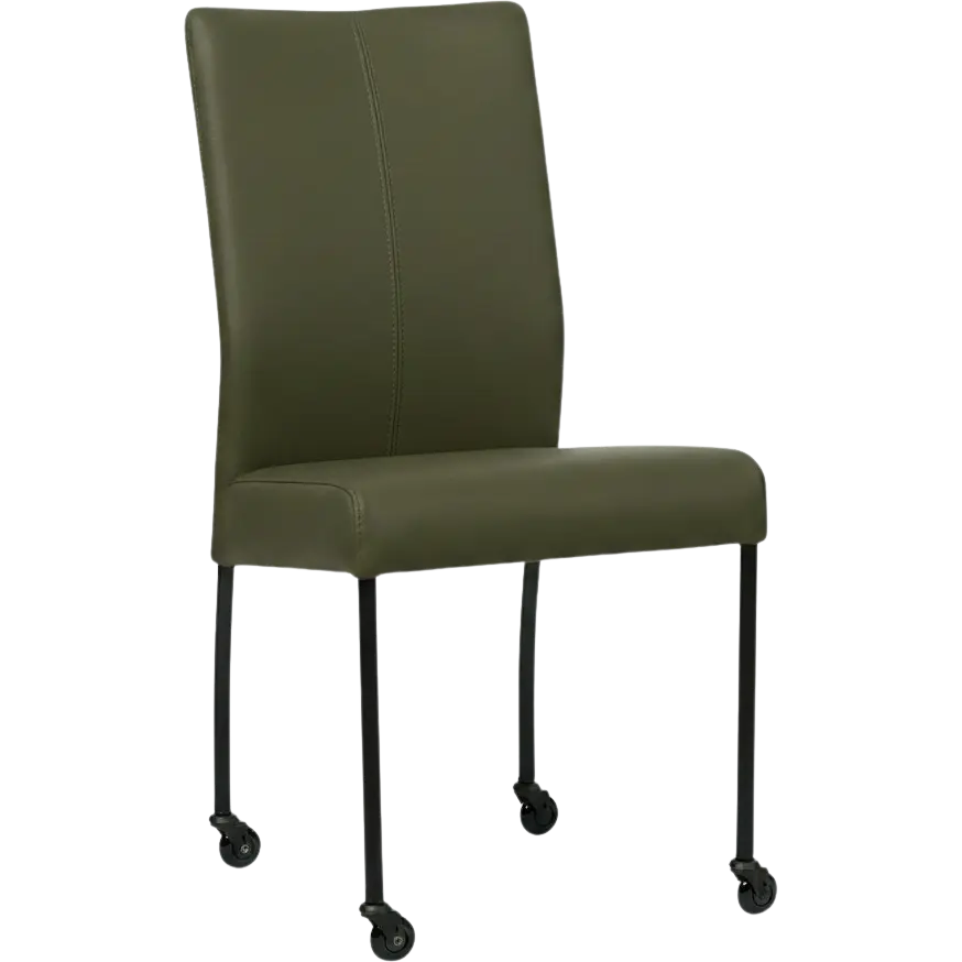 afbeelding van Leren eetkamerstoel Comfort met wieltjes - Toledo Olive (olijf/goen) - Poten staal rond zwart