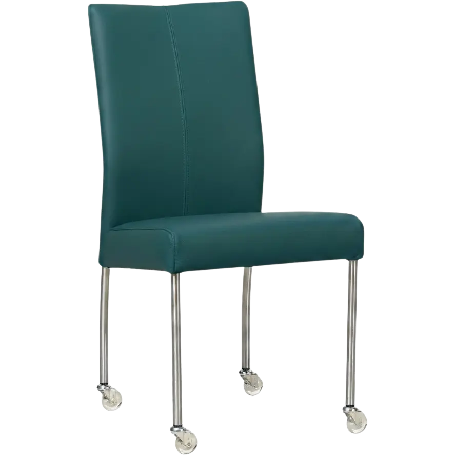 afbeelding van Leren eetkamerstoel Comfort met wieltjes - Toledo Turquoise (blauw) - Poten staal rond RVS