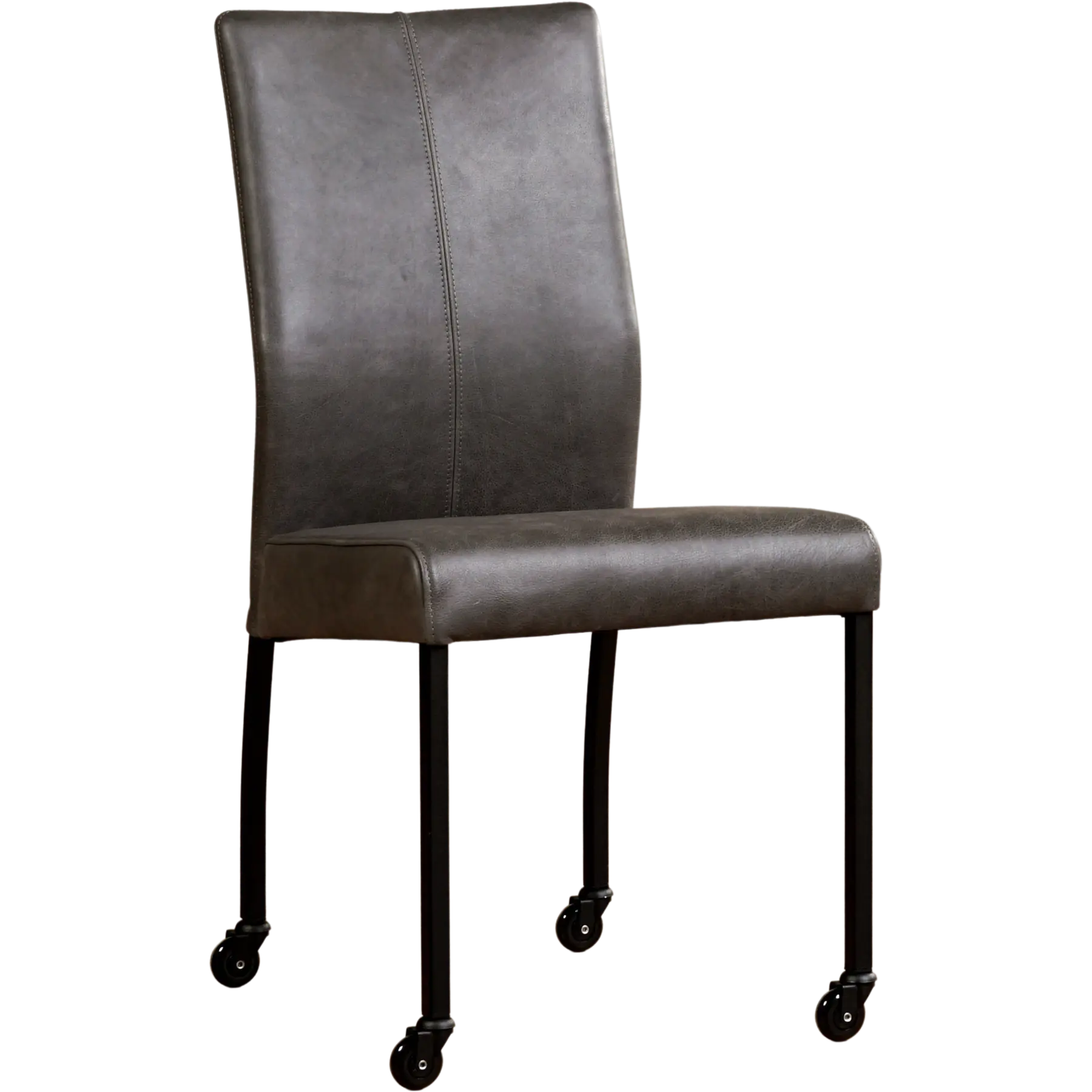afbeelding van Leren eetkamerstoel Comfort met wieltjes - Vintage Grey (grijs) - Poten staal vierkant zwart
