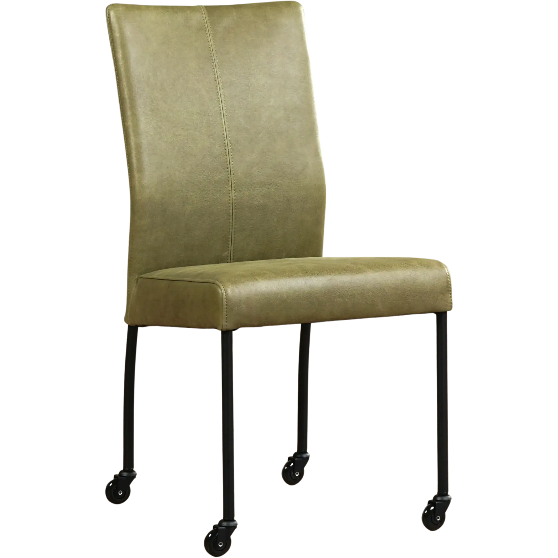 afbeelding van Leren eetkamerstoel Comfort met wieltjes - Vintage Olive (olijf/groen) - Poten staal rond zwart