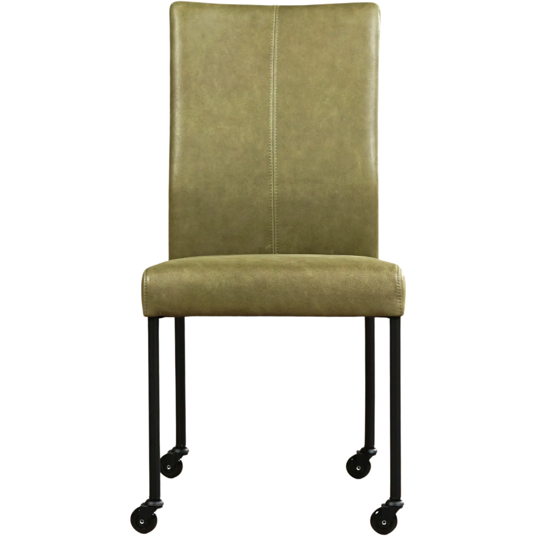 afbeelding van Leren eetkamerstoel Comfort met wieltjes - Vintage Olive (olijf/groen) - Poten staal rond zwart