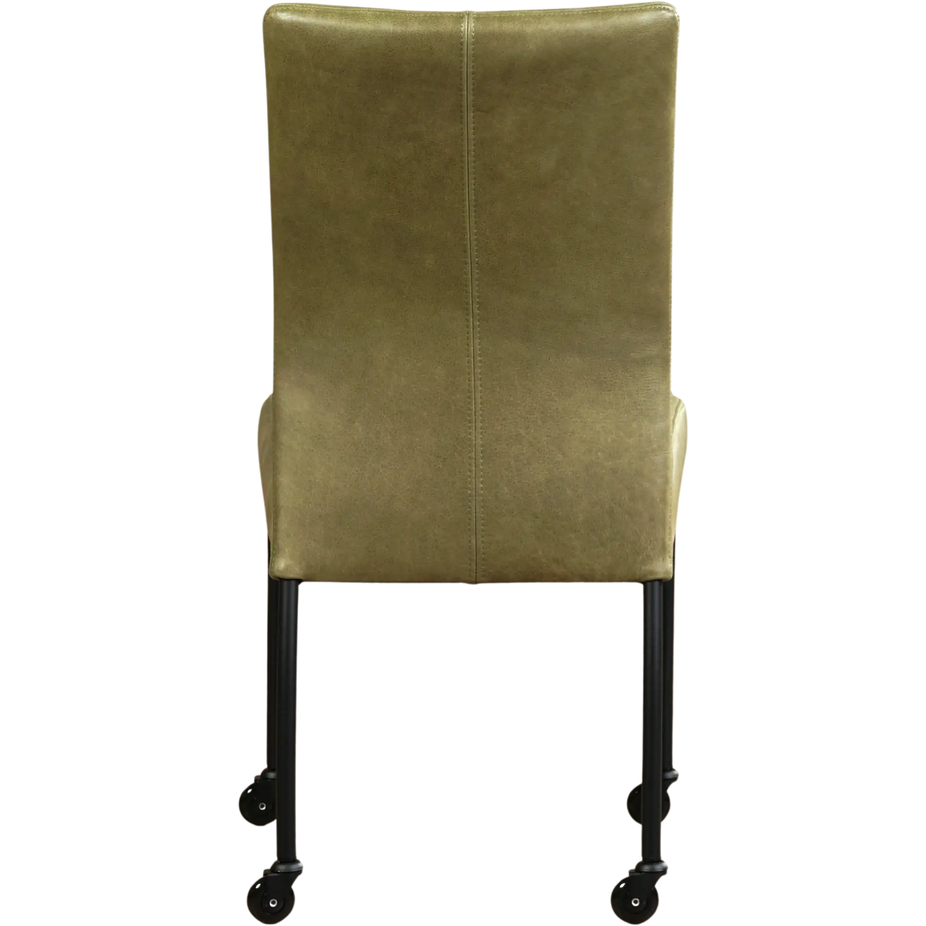 afbeelding van Leren eetkamerstoel Comfort met wieltjes - Vintage Olive (olijf/groen) - Poten staal rond zwart