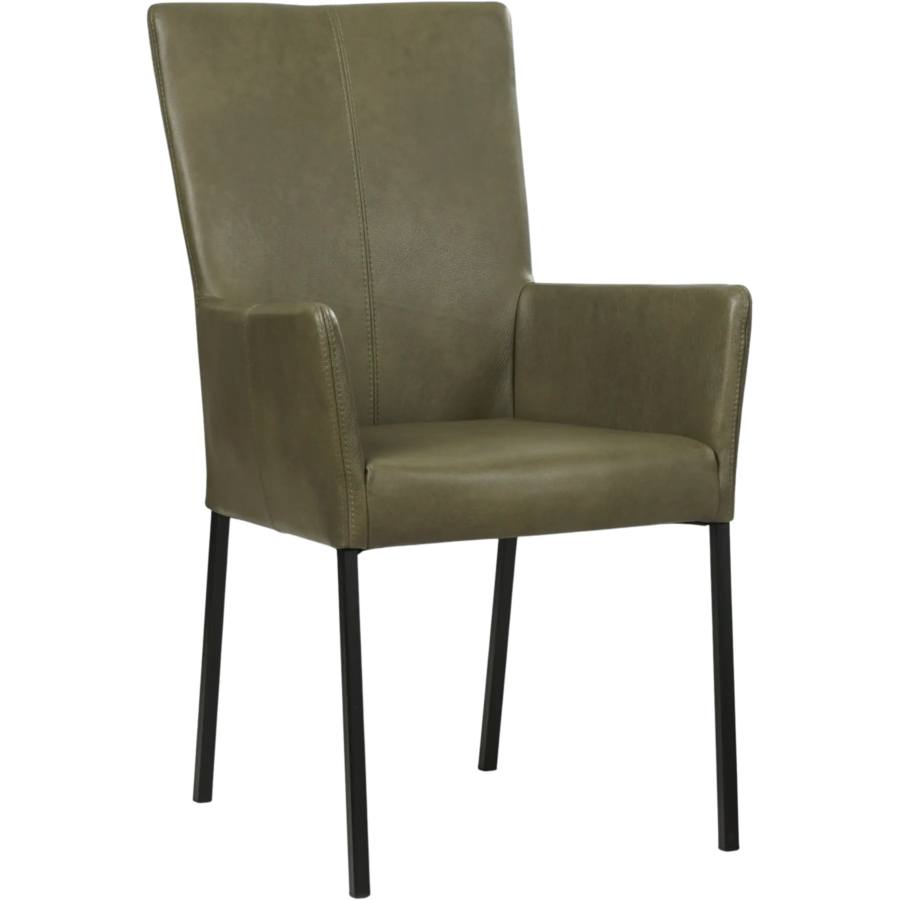 afbeelding van Leren eetkamerstoel Daily met armleuning - Granada Moss (olijf/groen) - Poten staal vierkant zwart
