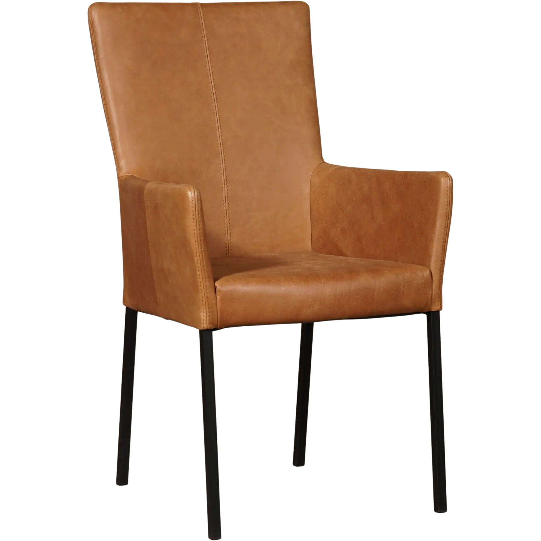 afbeelding van Leren eetkamerstoel Daily met armleuning - Vintage Cognac (cognac) - Poten staal vierkant zwart