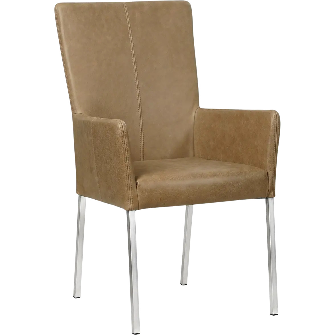 afbeelding van Leren eetkamerstoel Daily met armleuning - Vintage Taupe (taupe/bruin) - Poten staal vierkant RVS