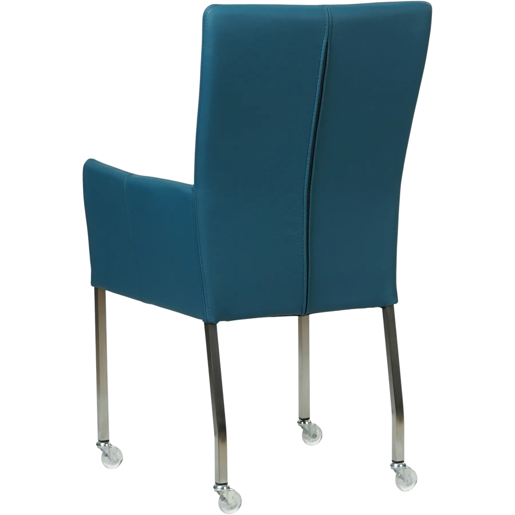 afbeelding van Leren eetkamerstoel Deal met armleuning - Hermes Turquoise (blauw) - Poten staal vierkant RVS