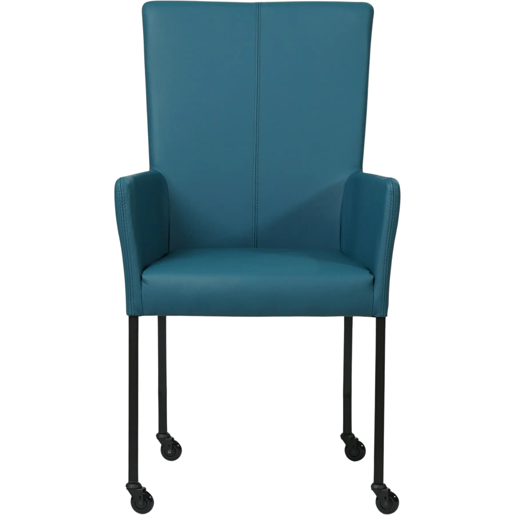 afbeelding van Leren eetkamerstoel Deal met armleuning - Hermes Turquoise (blauw) - Poten staal vierkant zwart