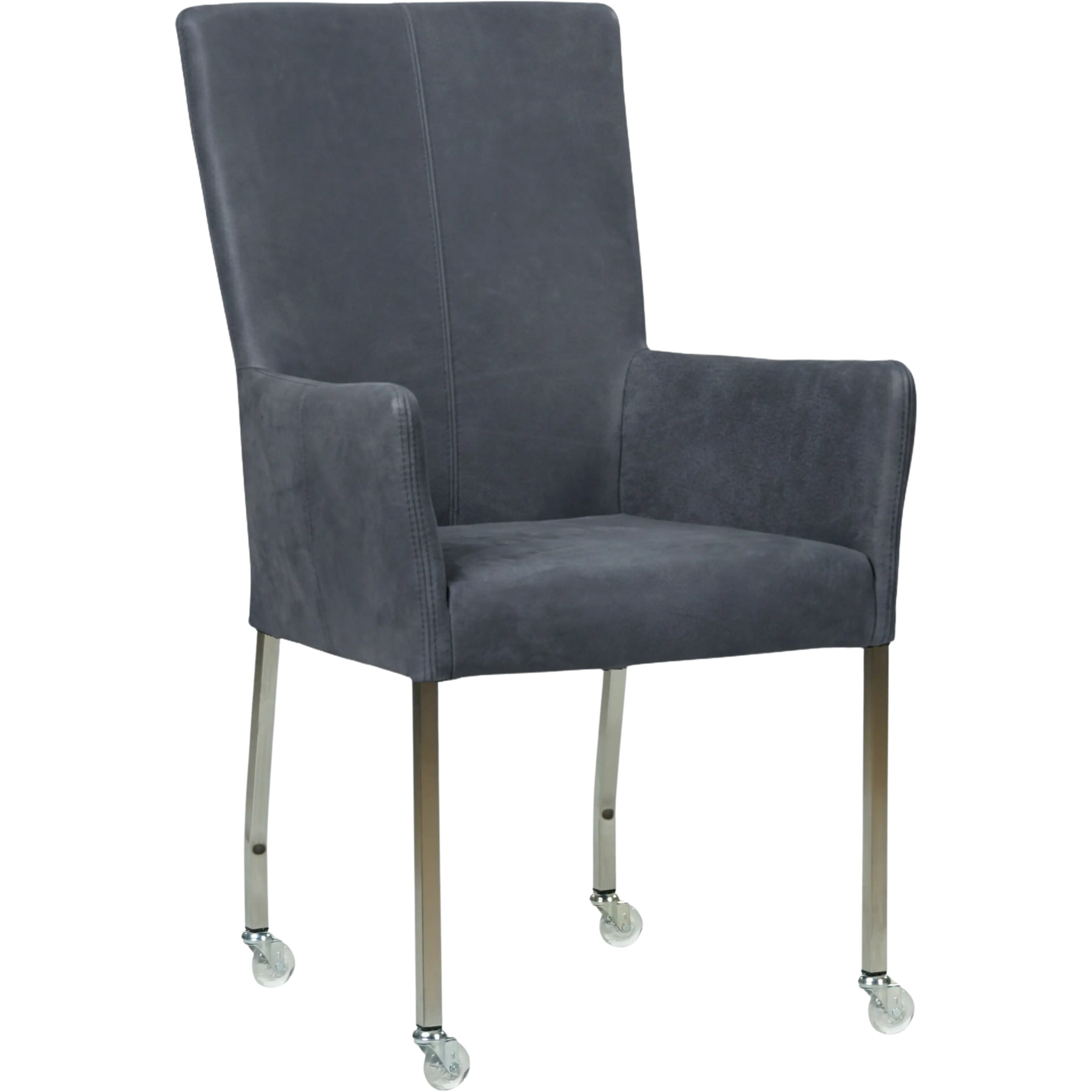 afbeelding van Leren eetkamerstoel Deal met armleuning - Kenia Denim (blauw) - Poten staal vierkant RVS