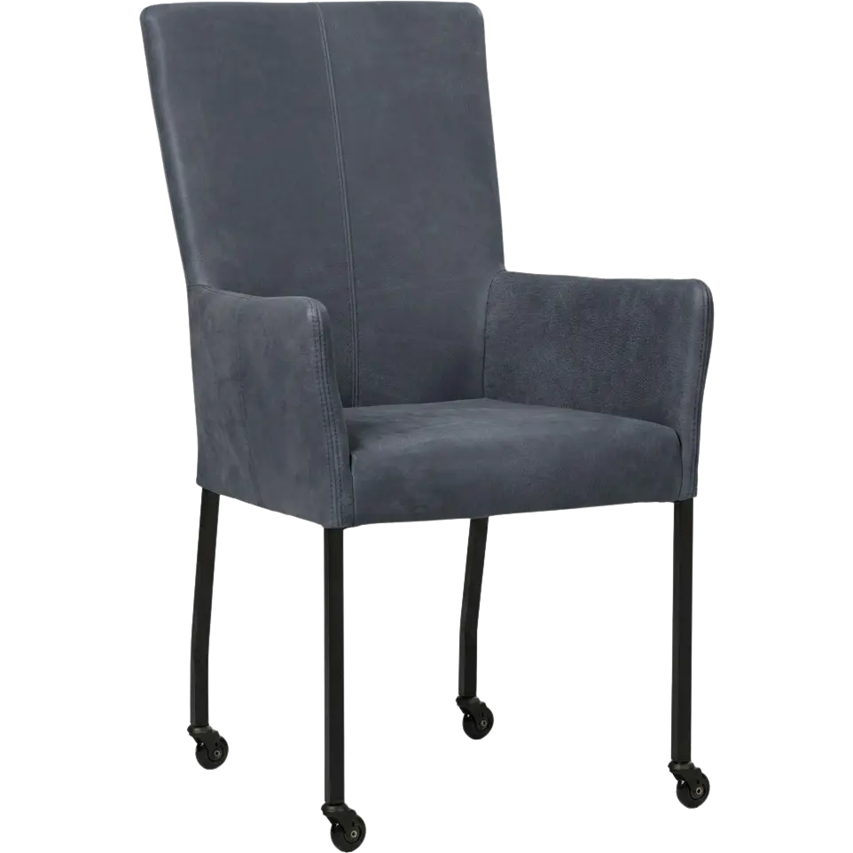 afbeelding van Leren eetkamerstoel Deal met armleuning - Kenia Denim (blauw) - Poten staal vierkant zwart