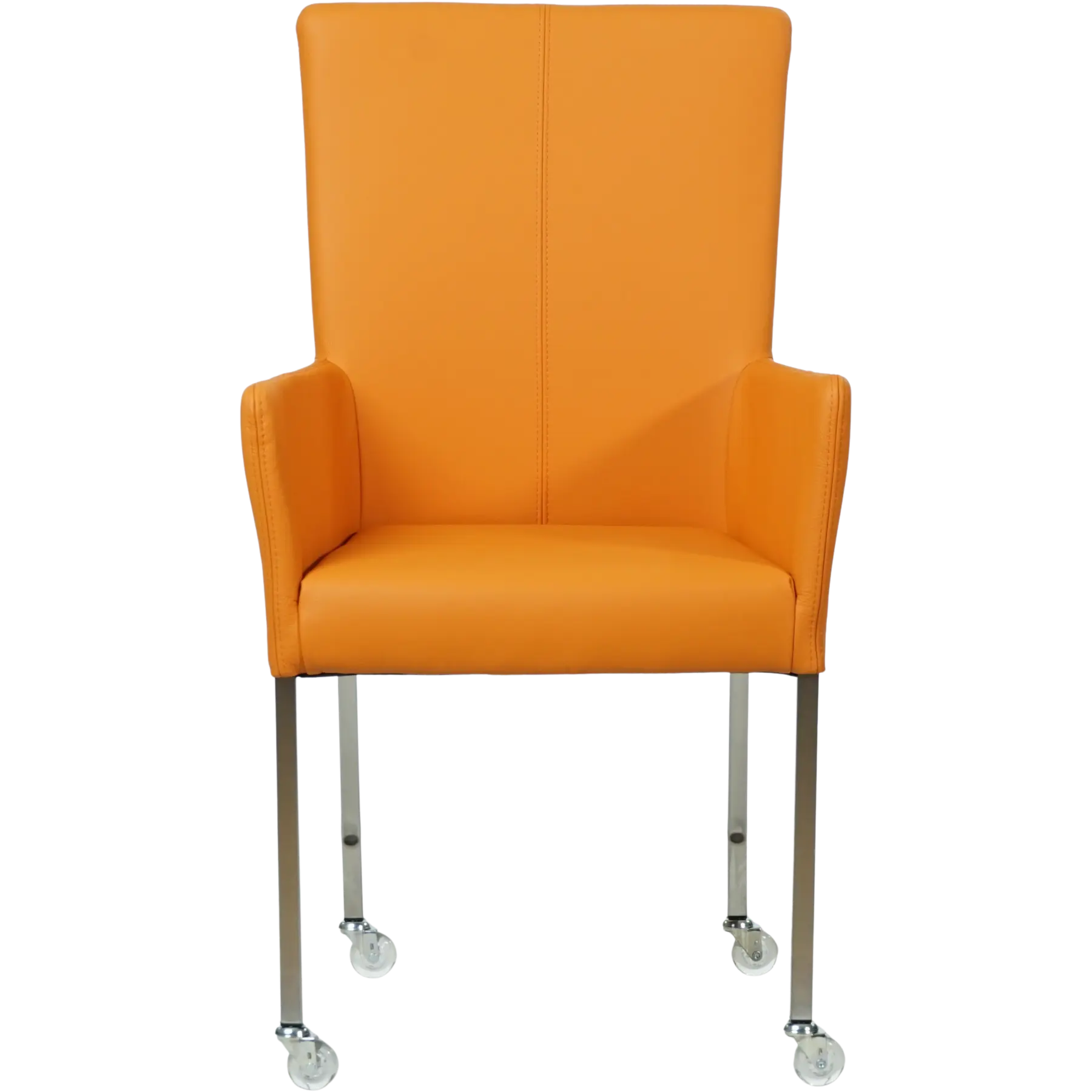 afbeelding van Leren eetkamerstoel Deal met armleuning - Toledo Mandarin (oranje) - Poten staal vierkant RVS