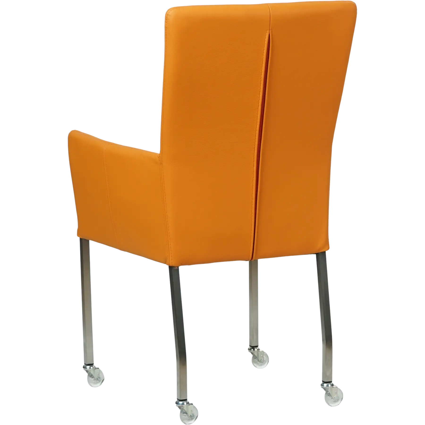 afbeelding van Leren eetkamerstoel Deal met armleuning - Toledo Mandarin (oranje) - Poten staal vierkant RVS
