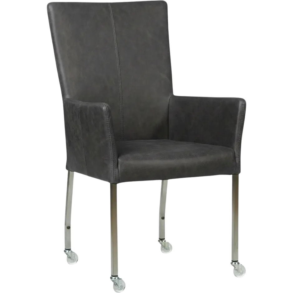 afbeelding van Leren eetkamerstoel Deal met armleuning - Vintage Grey (grijs) - Poten staal vierkant RVS