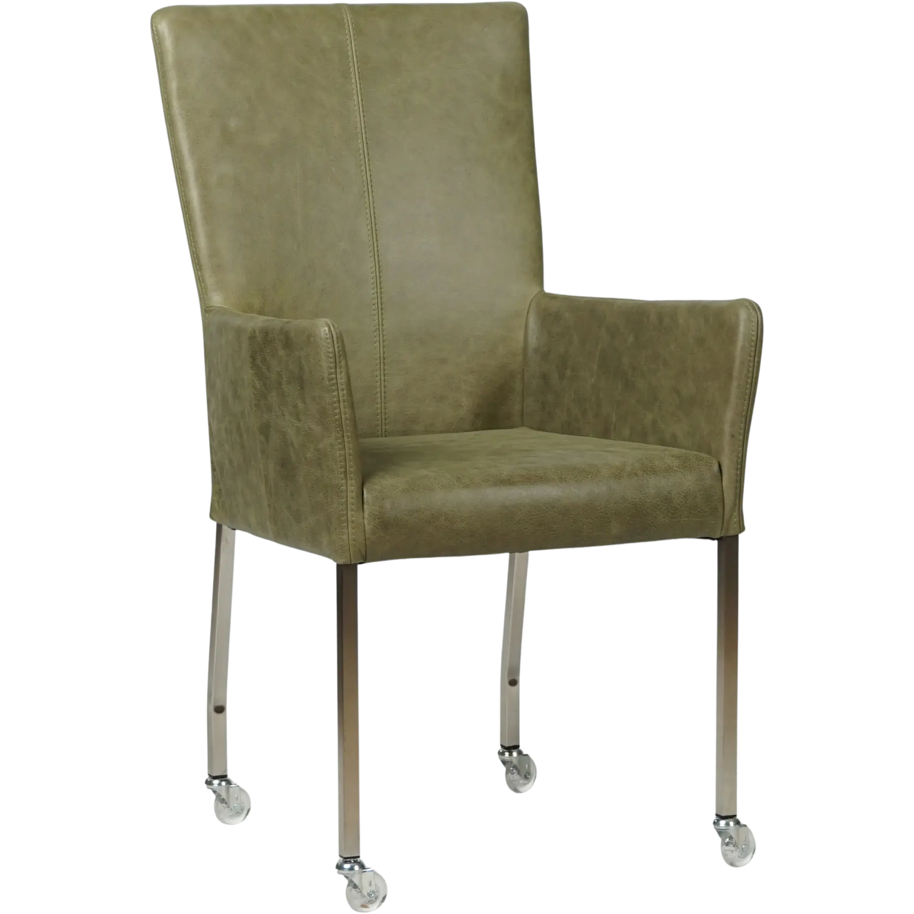 afbeelding van Leren eetkamerstoel Deal met armleuning - Vintage Olive (olijf/groen) - Poten staal vierkant RVS